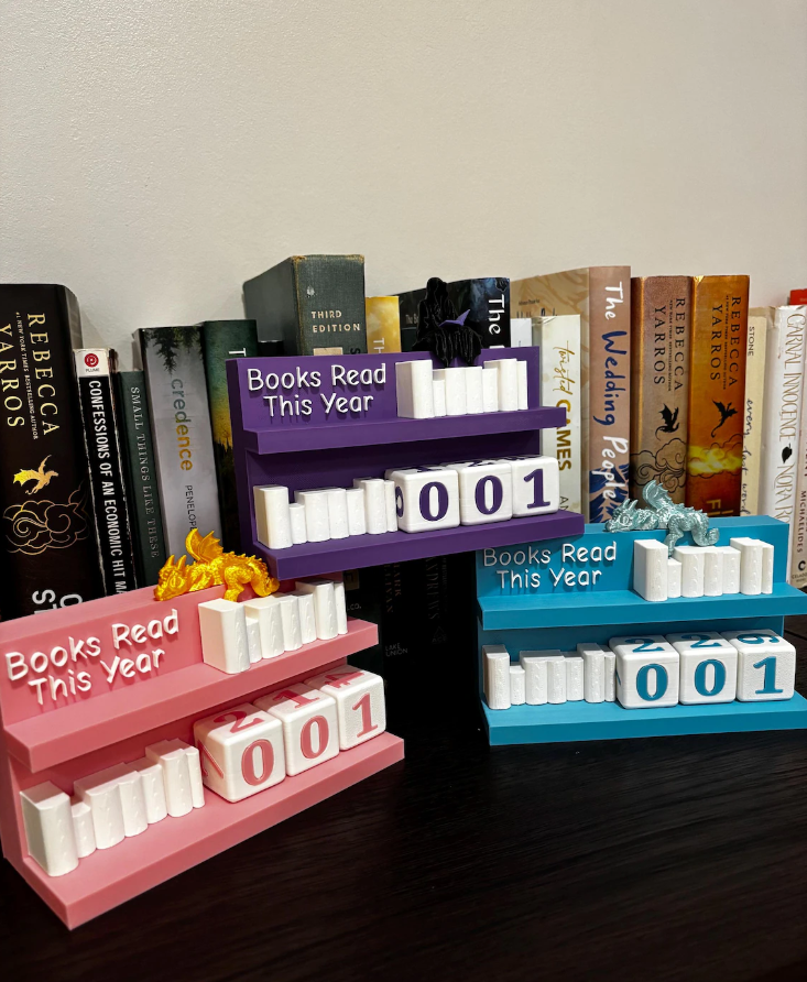 Books Read Counter: Bookworm Decor with Dice - Track Reading: Counter with White Books & Dragon