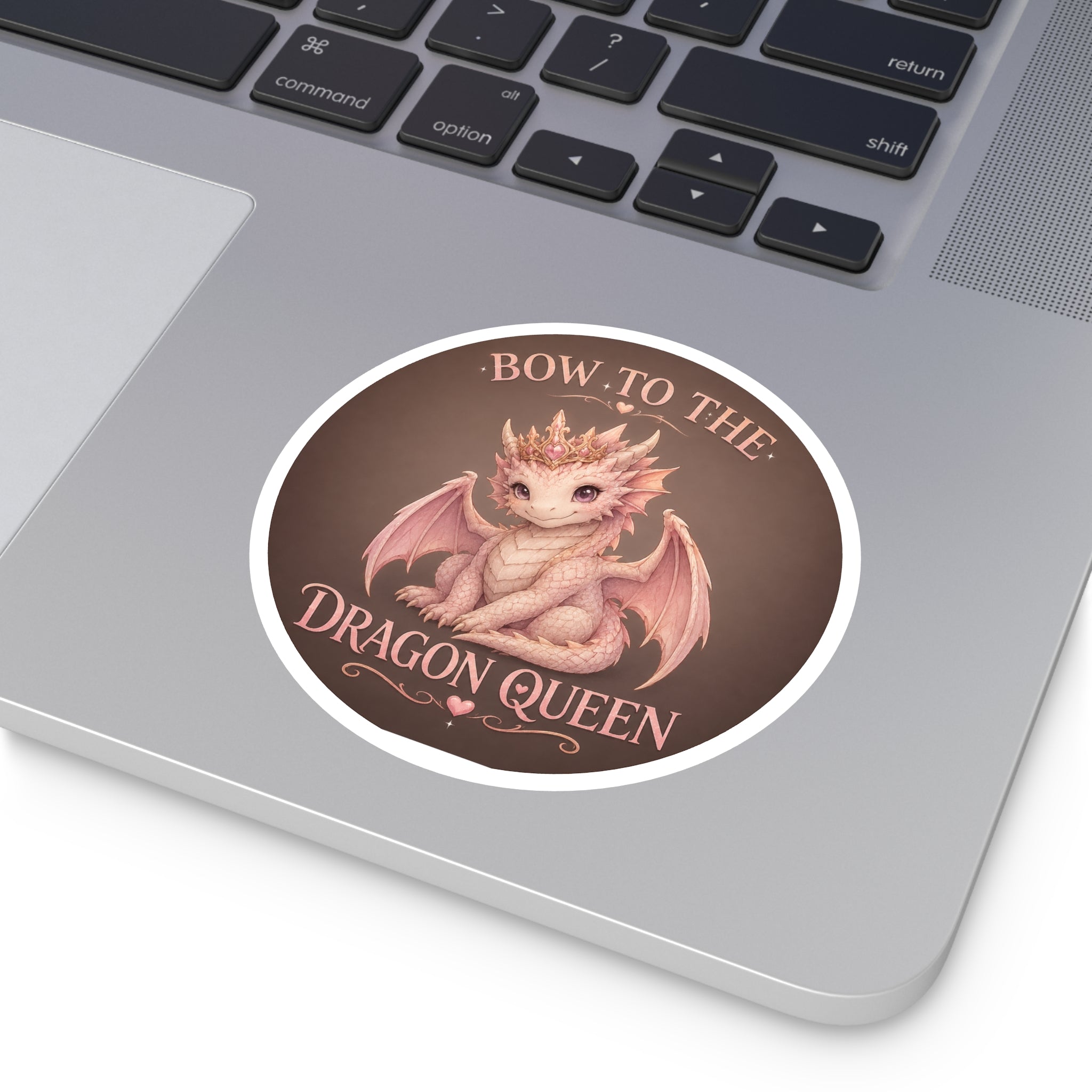 Bow to the Dragon Queen Round Sticker — Cute Pink Baby Dragon Crown Decal