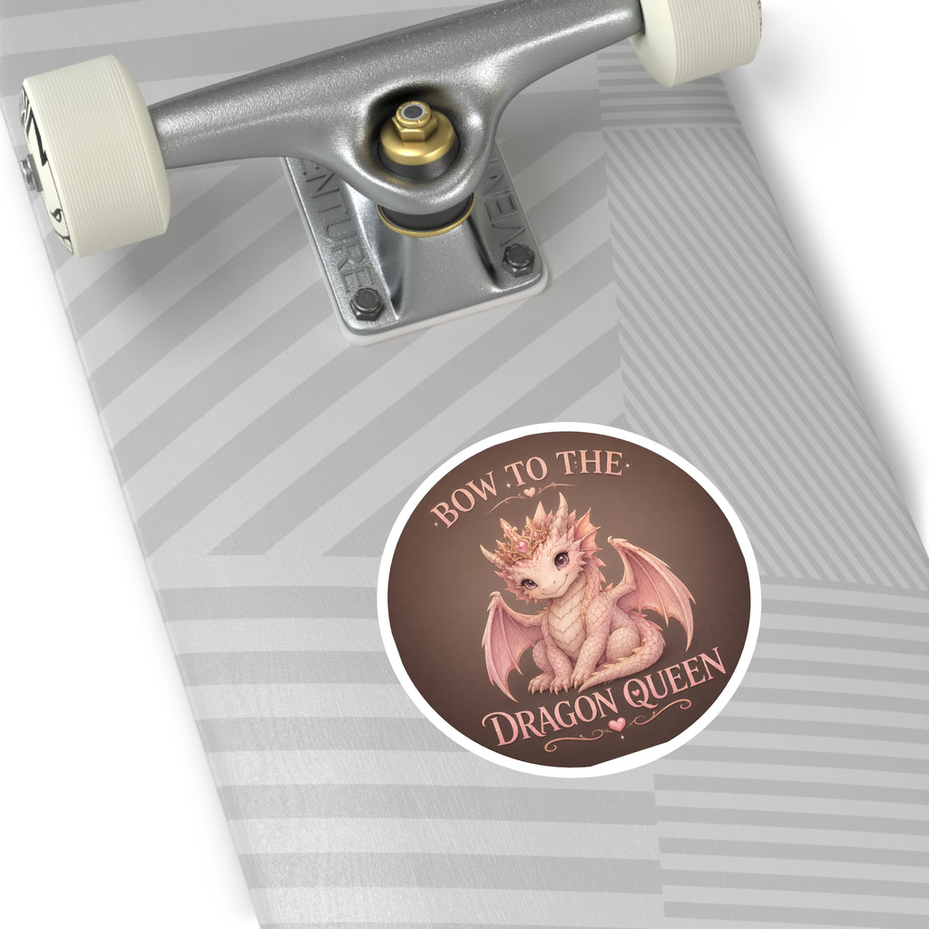 Bow to the Dragon Queen Round Sticker — Cute Pink Baby Dragon Crown Decal