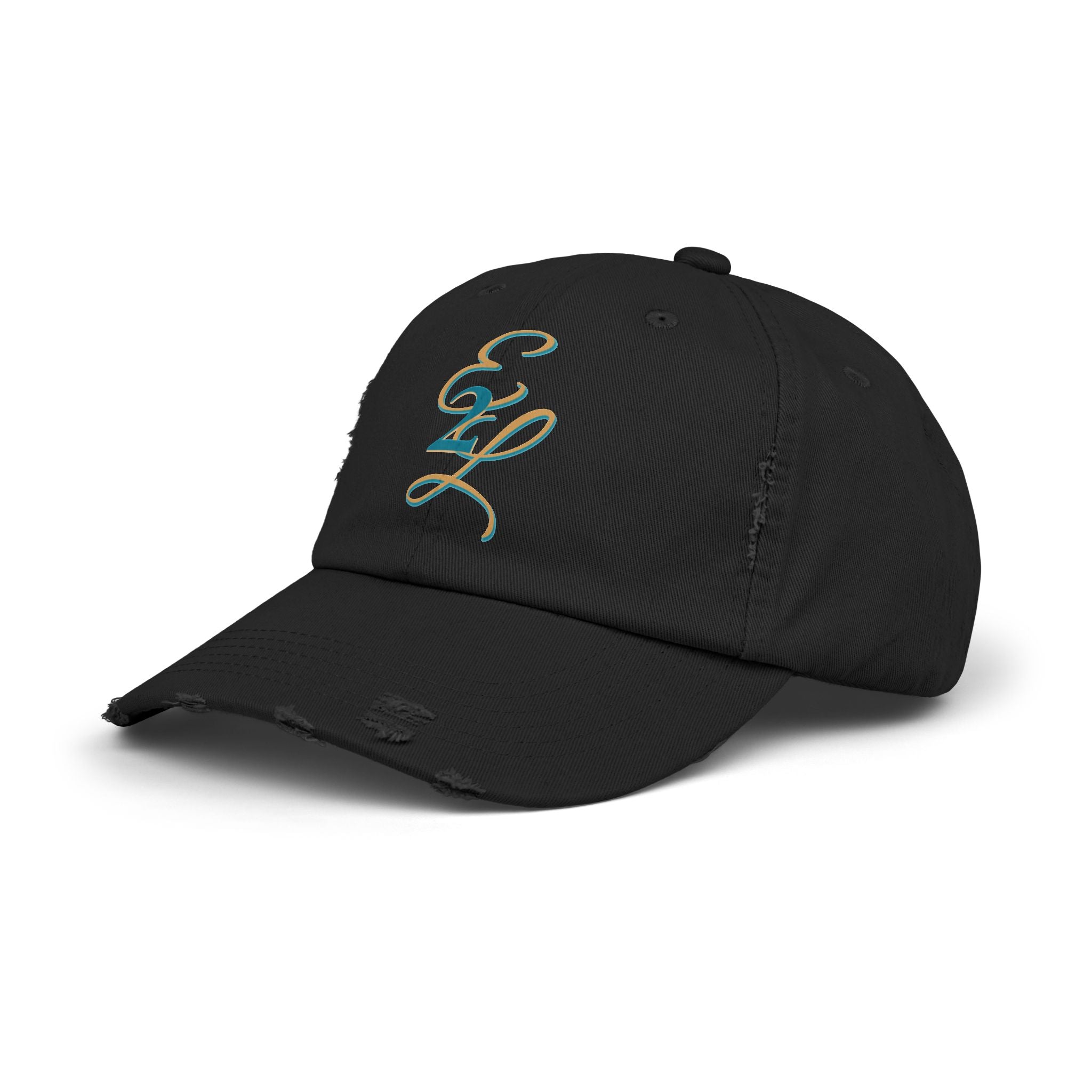 Distressed Black Cap with 'E2L' Enemies to Lovers