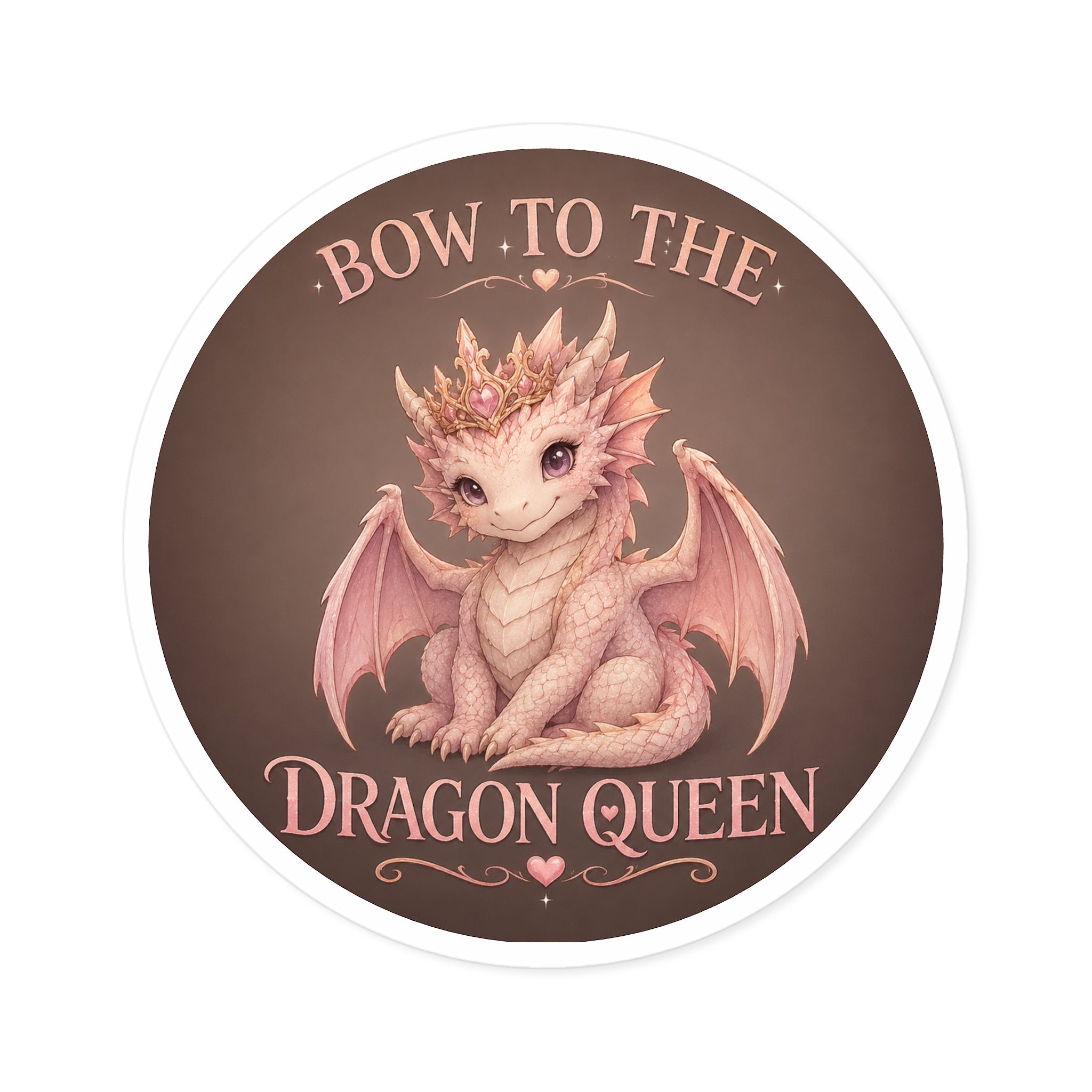 Bow to the Dragon Queen Round Sticker — Cute Pink Baby Dragon Crown Decal