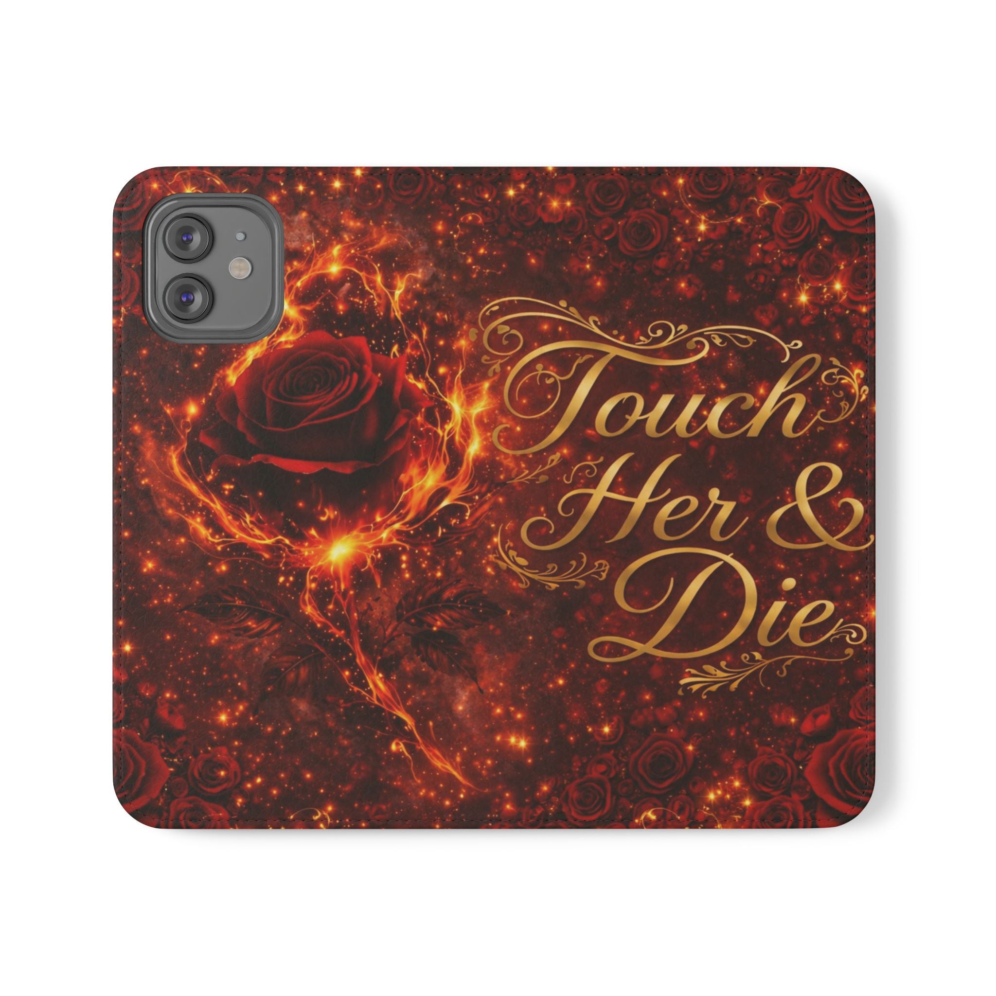 Flip Case – 'Touch Her & Die' Gothic Rose Wallet Phone Case
