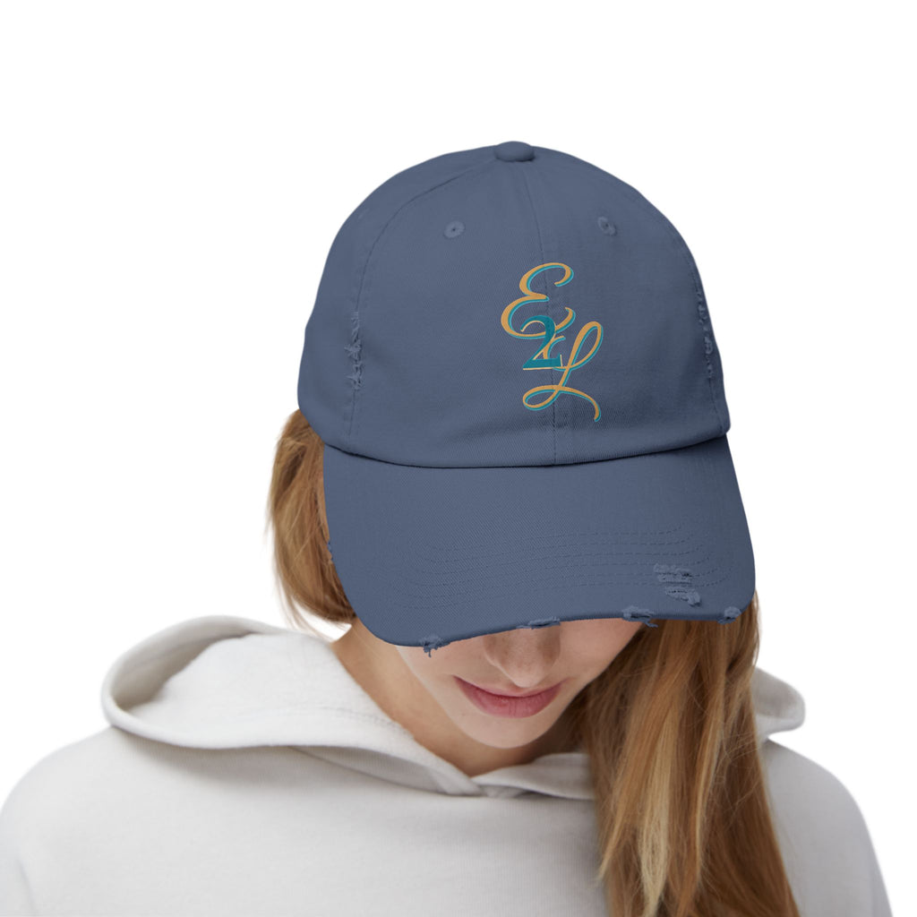 Distressed Black Cap with 'E2L' Enemies to Lovers