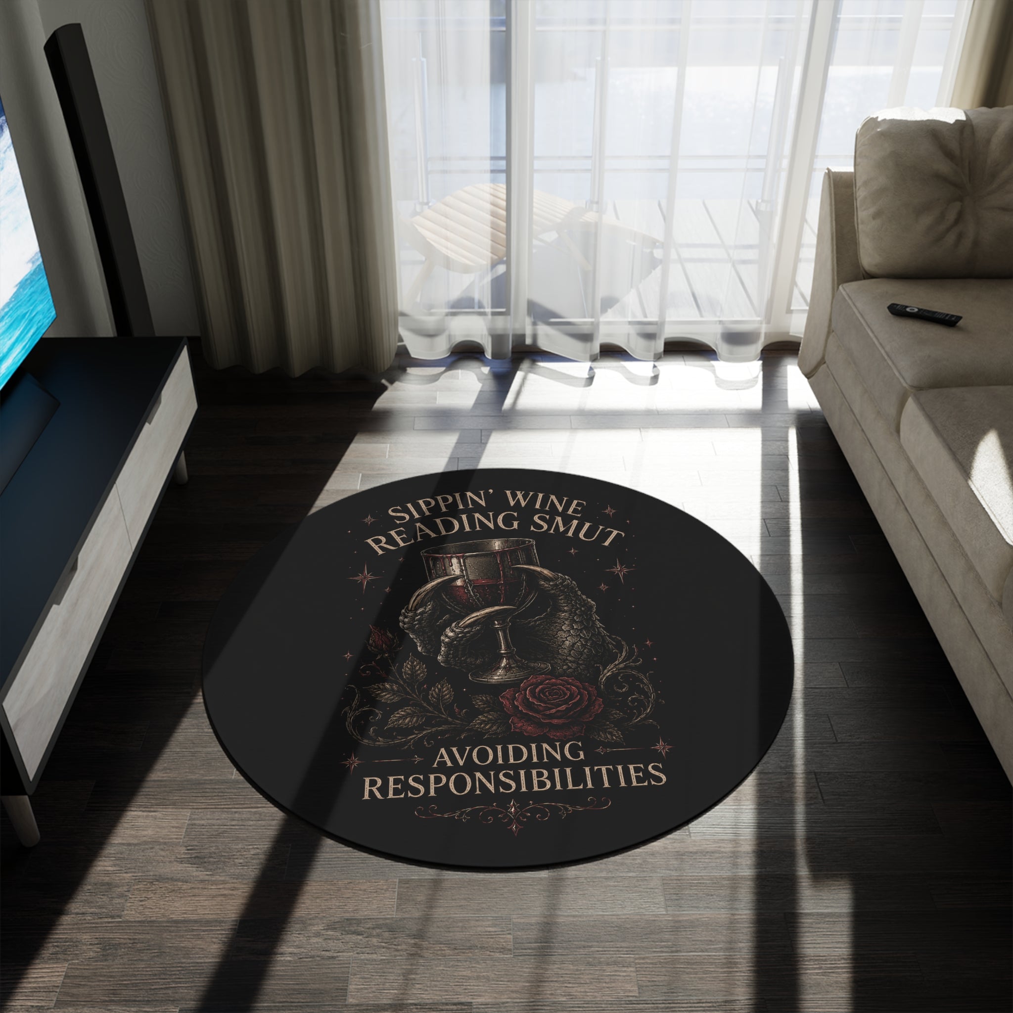 Round Rug — "Sippin' Wine, Reading Smut, Avoiding Responsibilities" Gothic Wine Lover Accent Mat