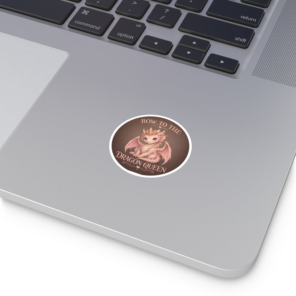 Bow to the Dragon Queen Round Sticker — Cute Pink Baby Dragon Crown Decal