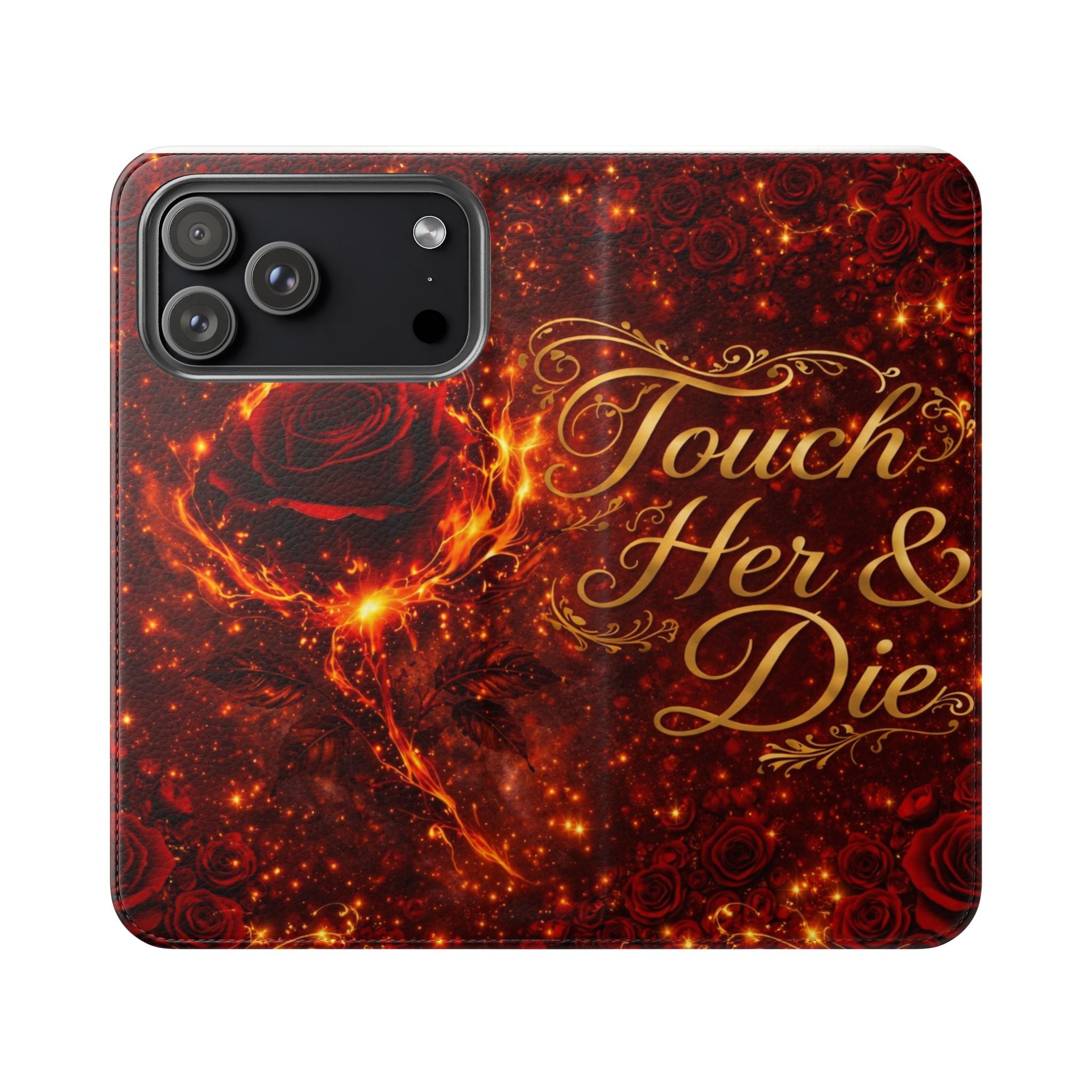 Flip Case – 'Touch Her & Die' Gothic Rose Wallet Phone Case