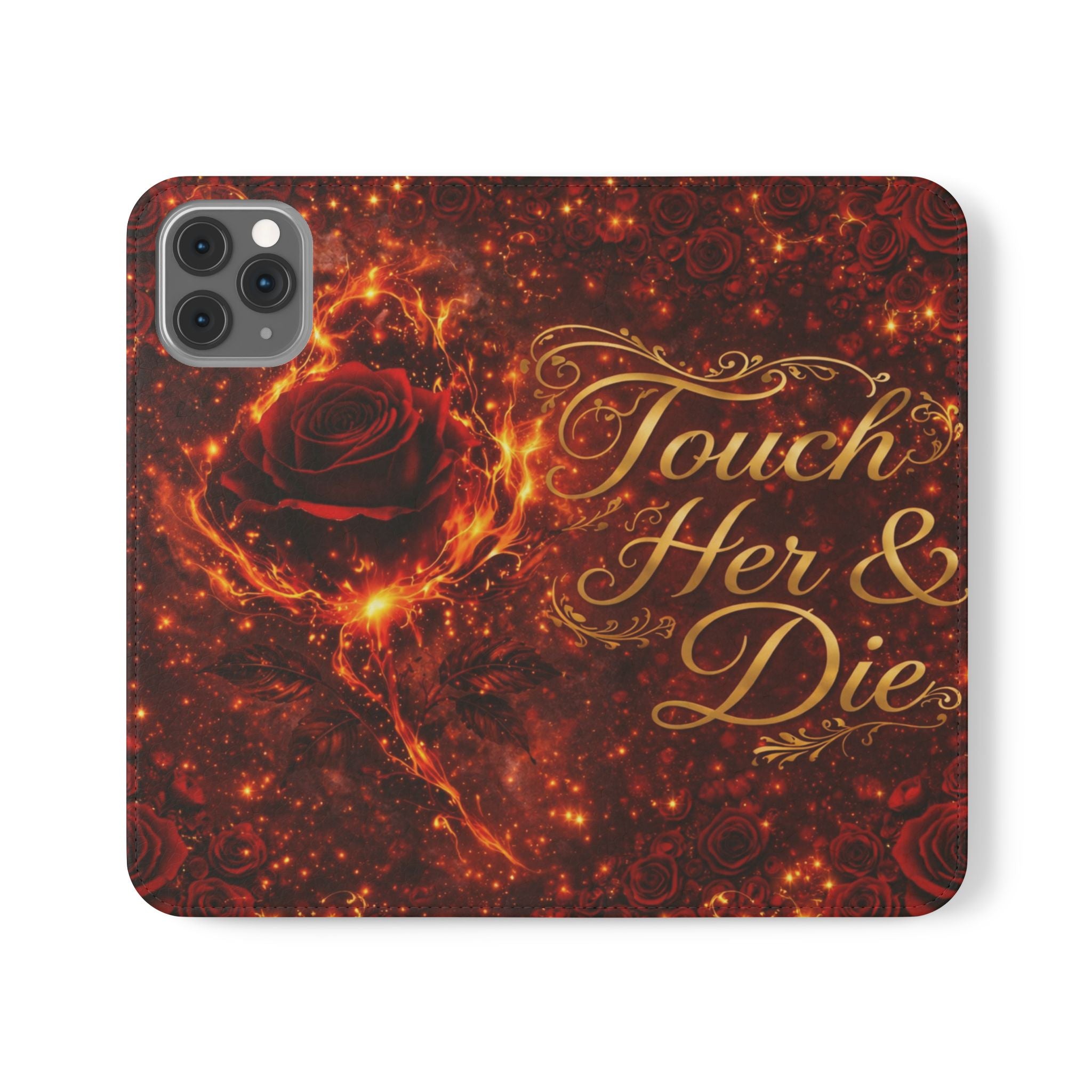 Flip Case – 'Touch Her & Die' Gothic Rose Wallet Phone Case