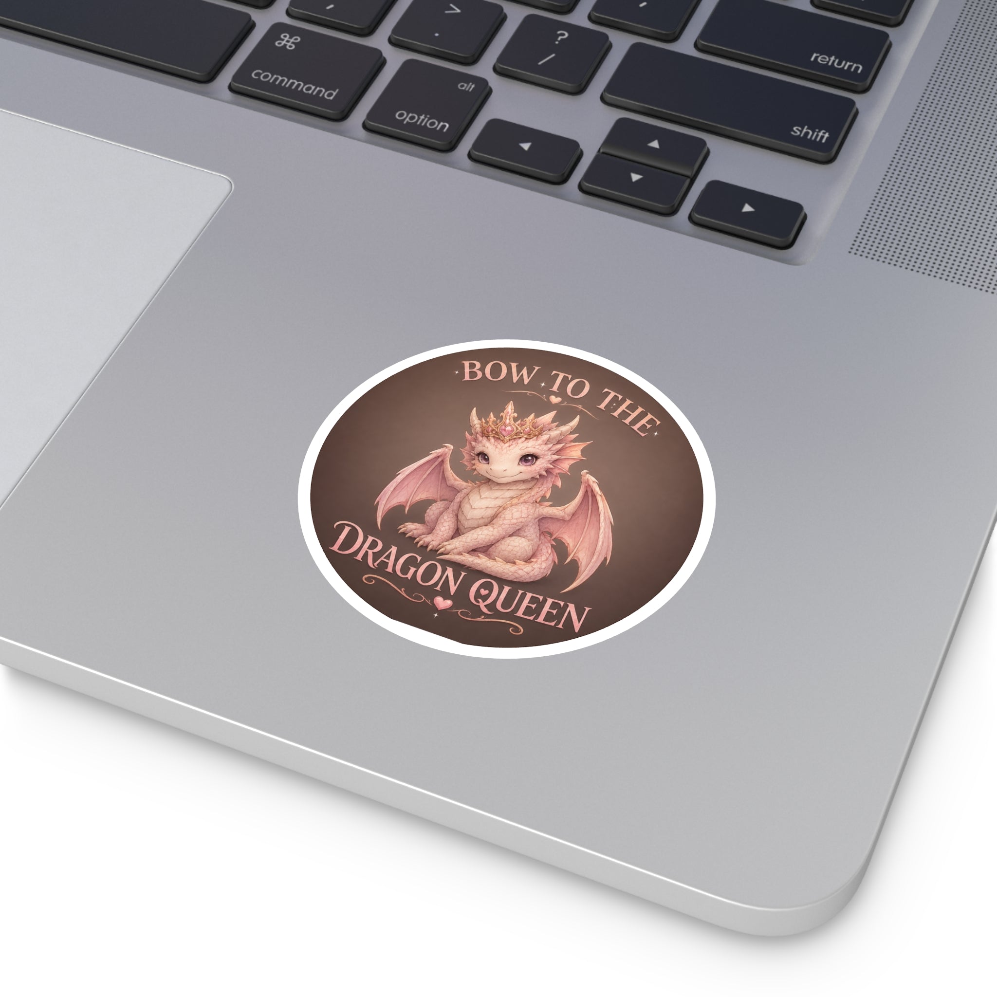 Bow to the Dragon Queen Round Sticker — Cute Pink Baby Dragon Crown Decal