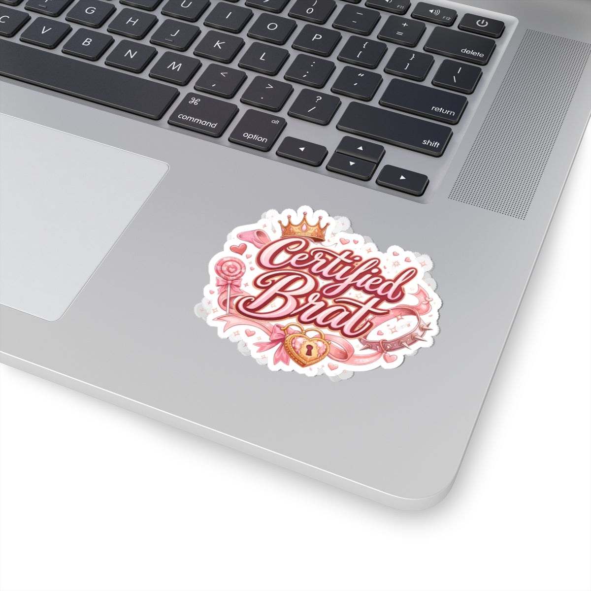 Certified Brat Kiss-Cut Sticker — Cute Pink Crown & Heart Lock Decal