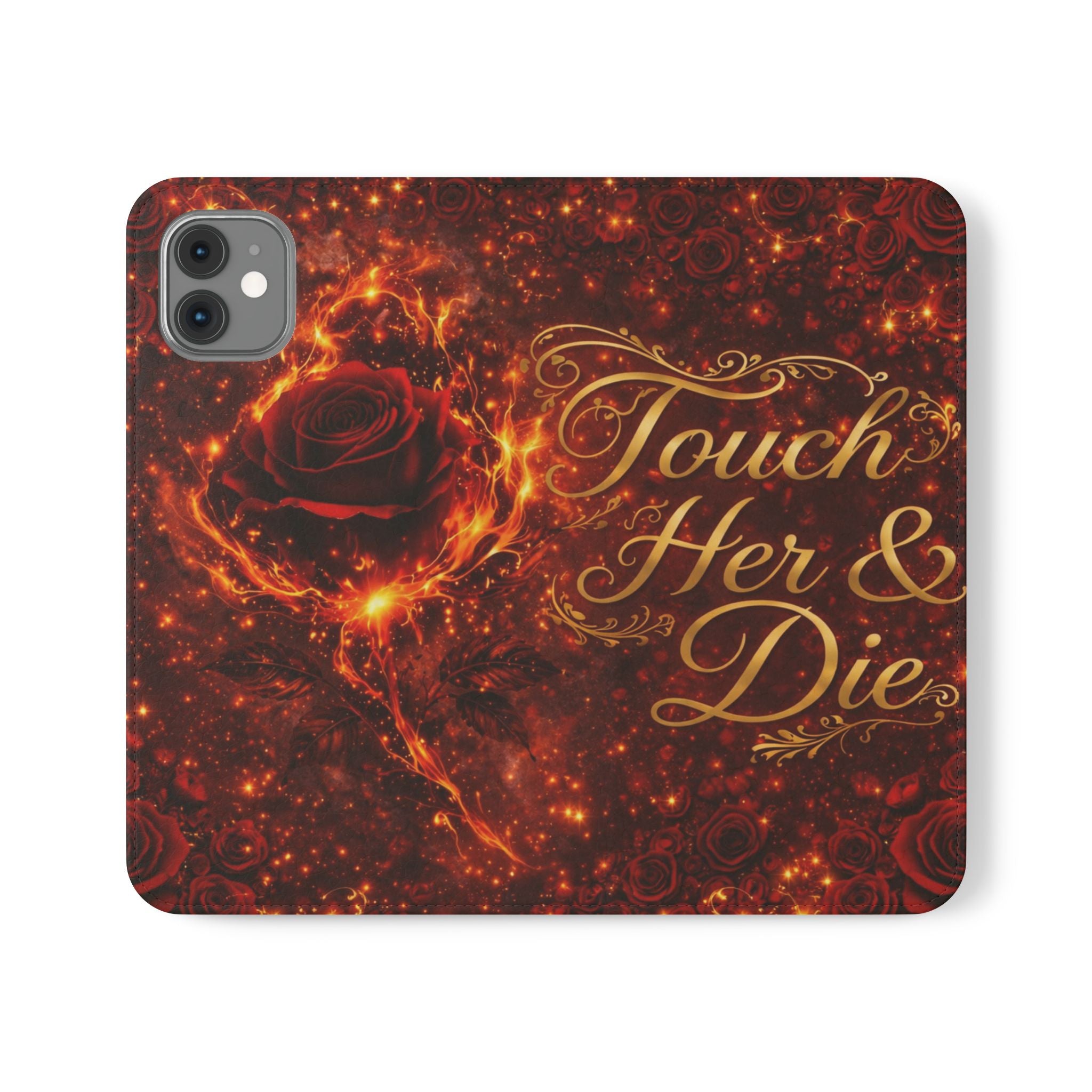 Flip Case – 'Touch Her & Die' Gothic Rose Wallet Phone Case