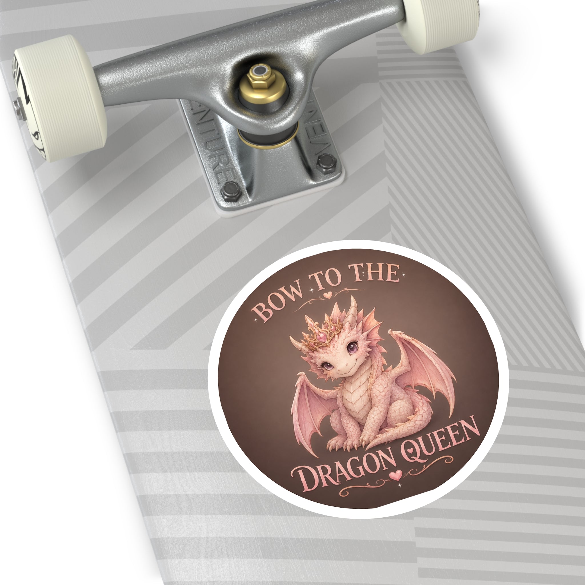 Bow to the Dragon Queen Round Sticker — Cute Pink Baby Dragon Crown Decal