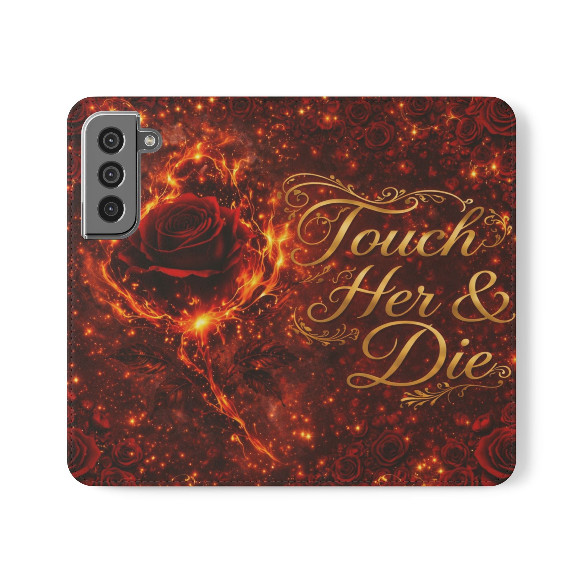 Flip Case – 'Touch Her & Die' Gothic Rose Wallet Phone Case