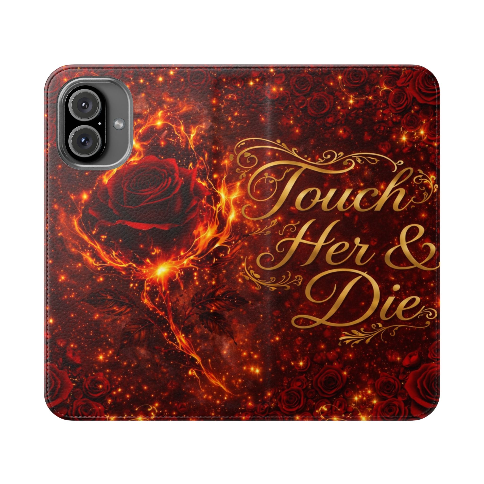 Flip Case – 'Touch Her & Die' Gothic Rose Wallet Phone Case