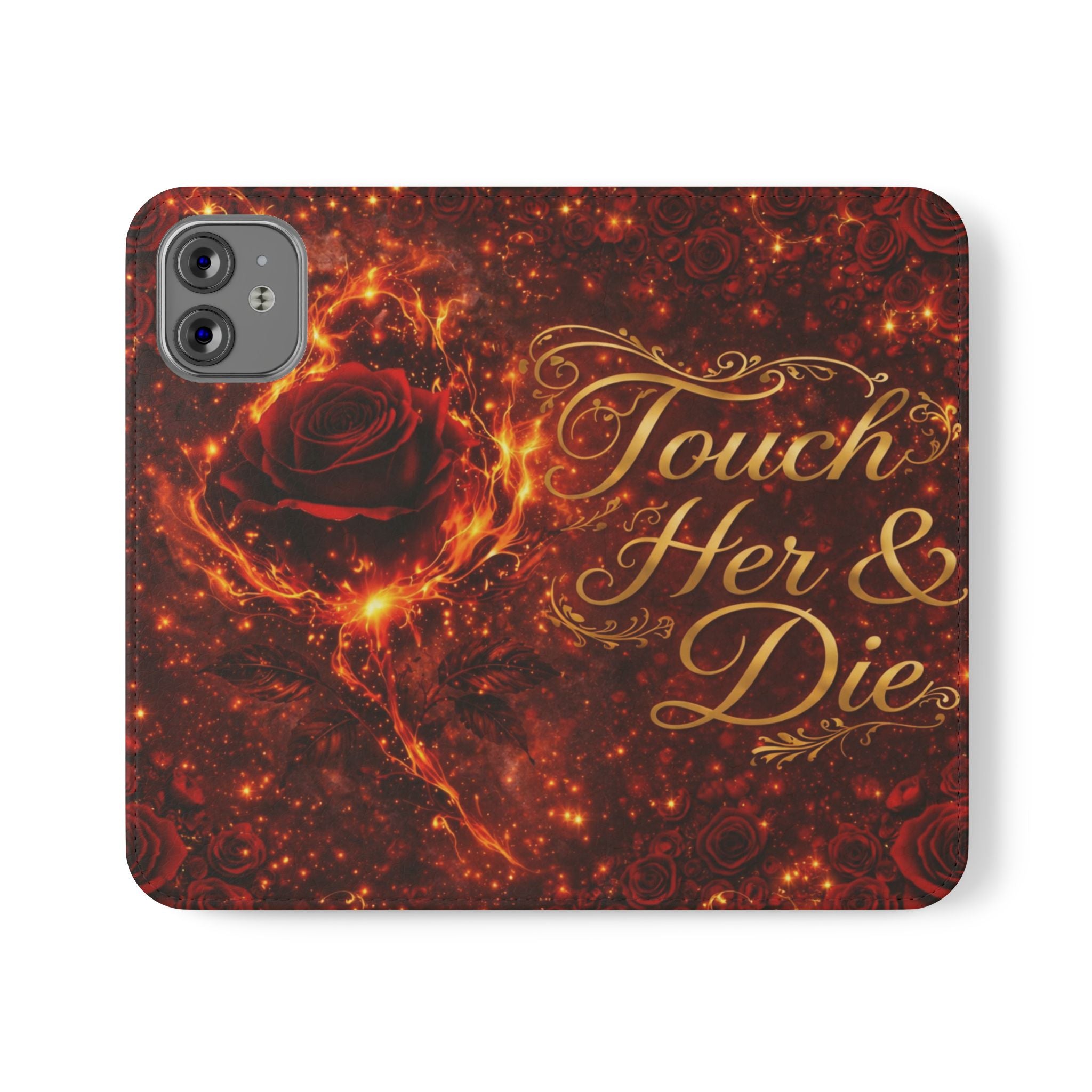 Flip Case – 'Touch Her & Die' Gothic Rose Wallet Phone Case