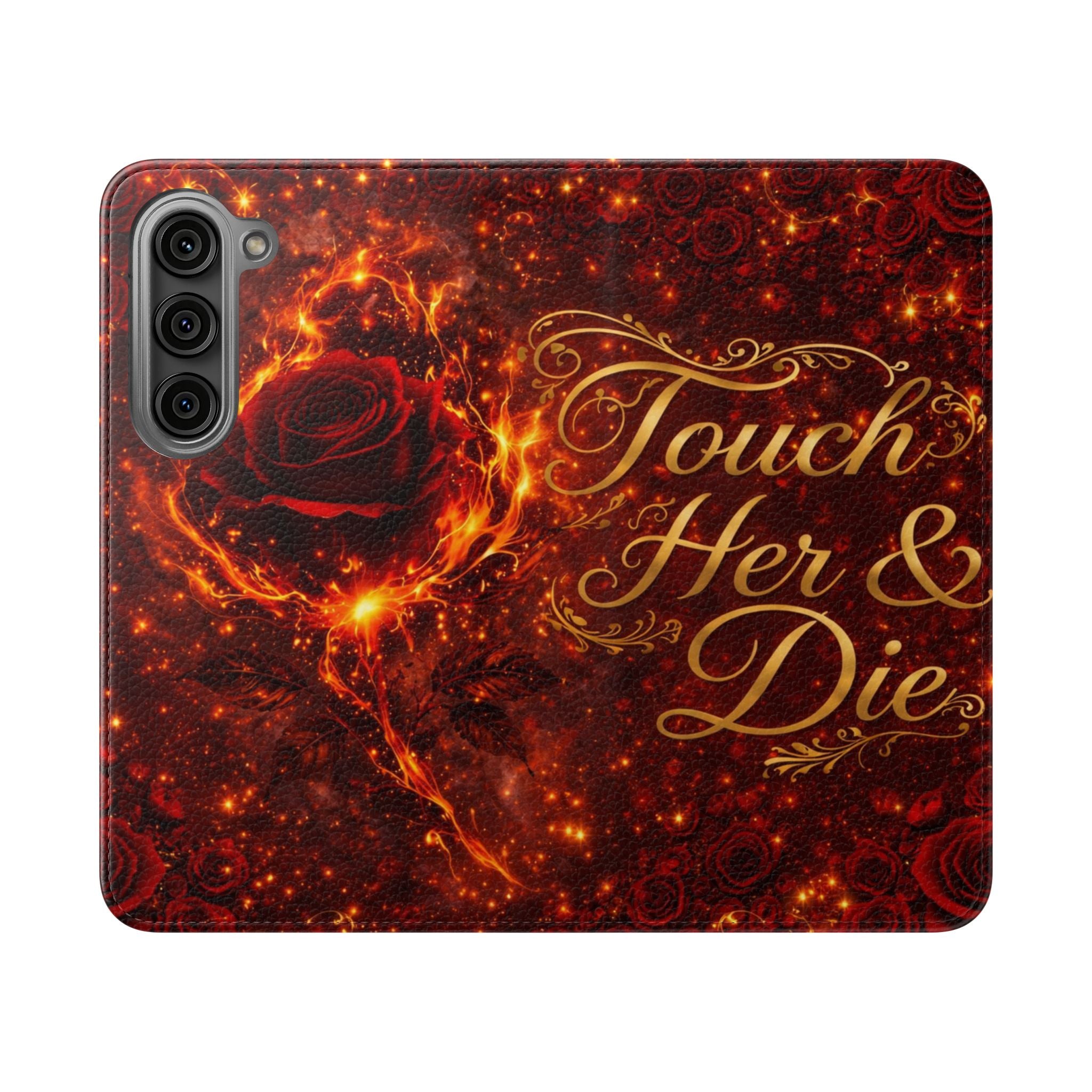 Flip Case – 'Touch Her & Die' Gothic Rose Wallet Phone Case