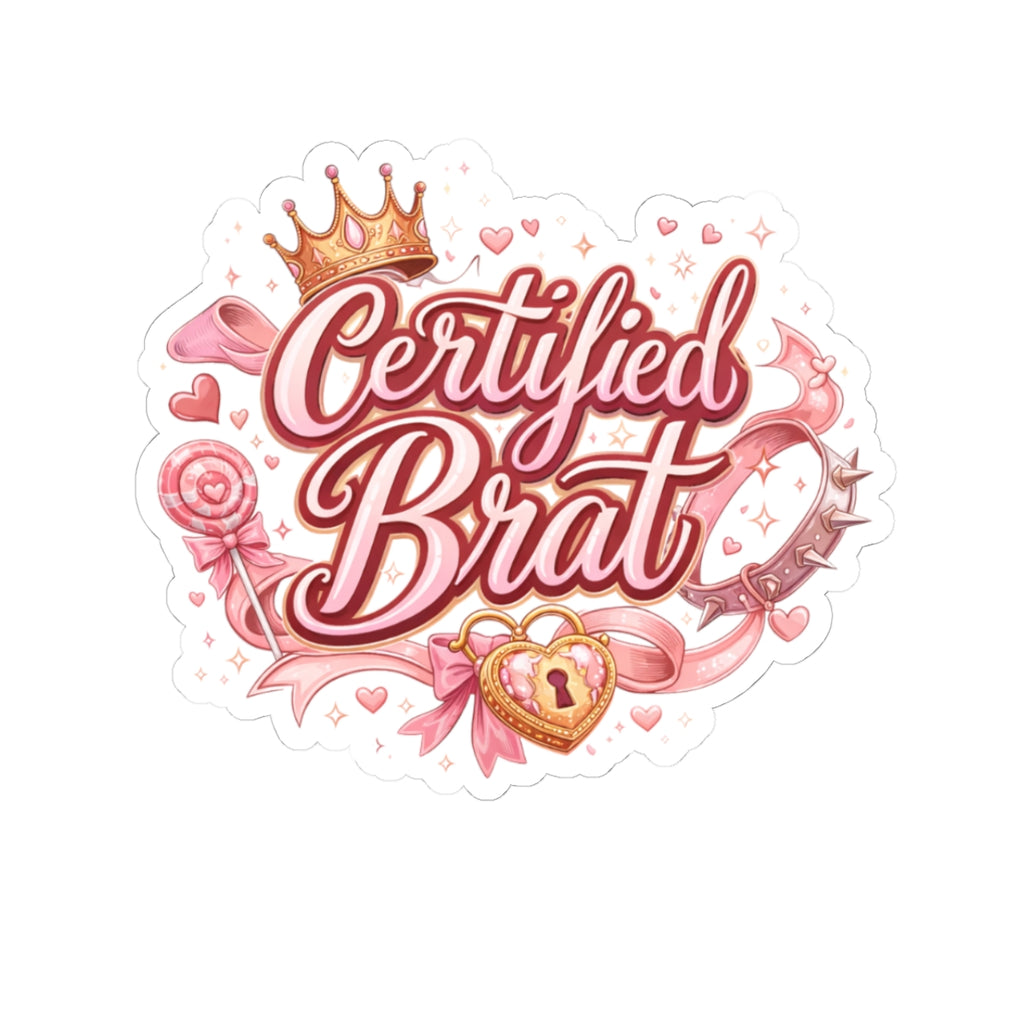 Certified Brat Kiss-Cut Sticker — Cute Pink Crown & Heart Lock Decal