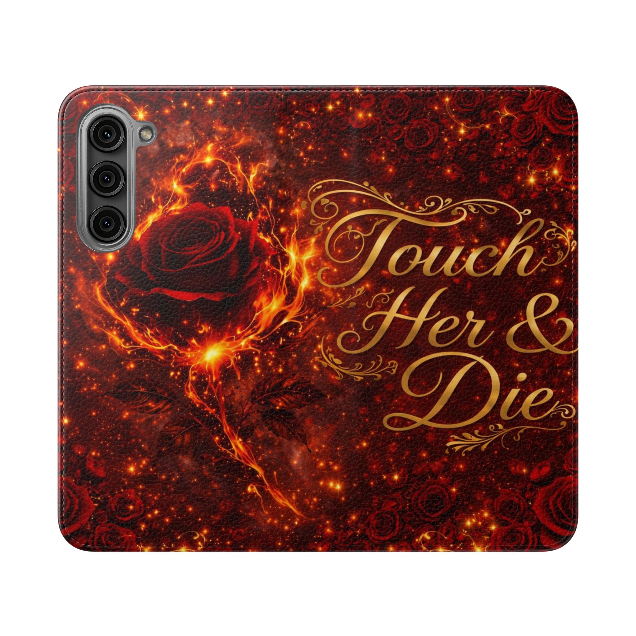 Flip Case – 'Touch Her & Die' Gothic Rose Wallet Phone Case
