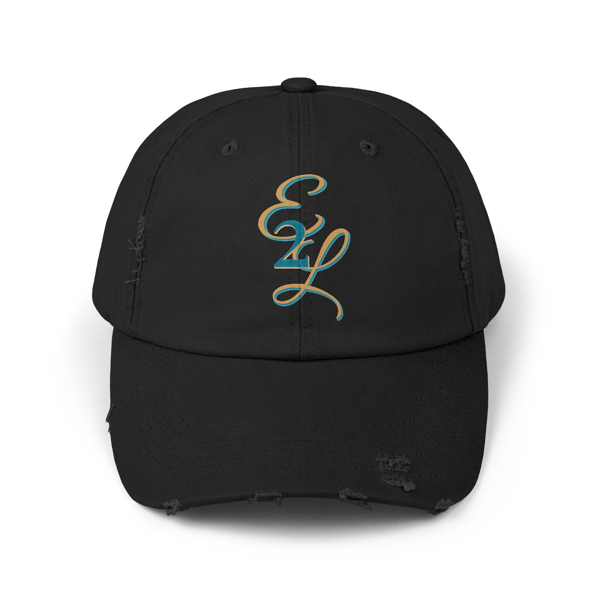 Distressed Black Cap with 'E2L' Enemies to Lovers