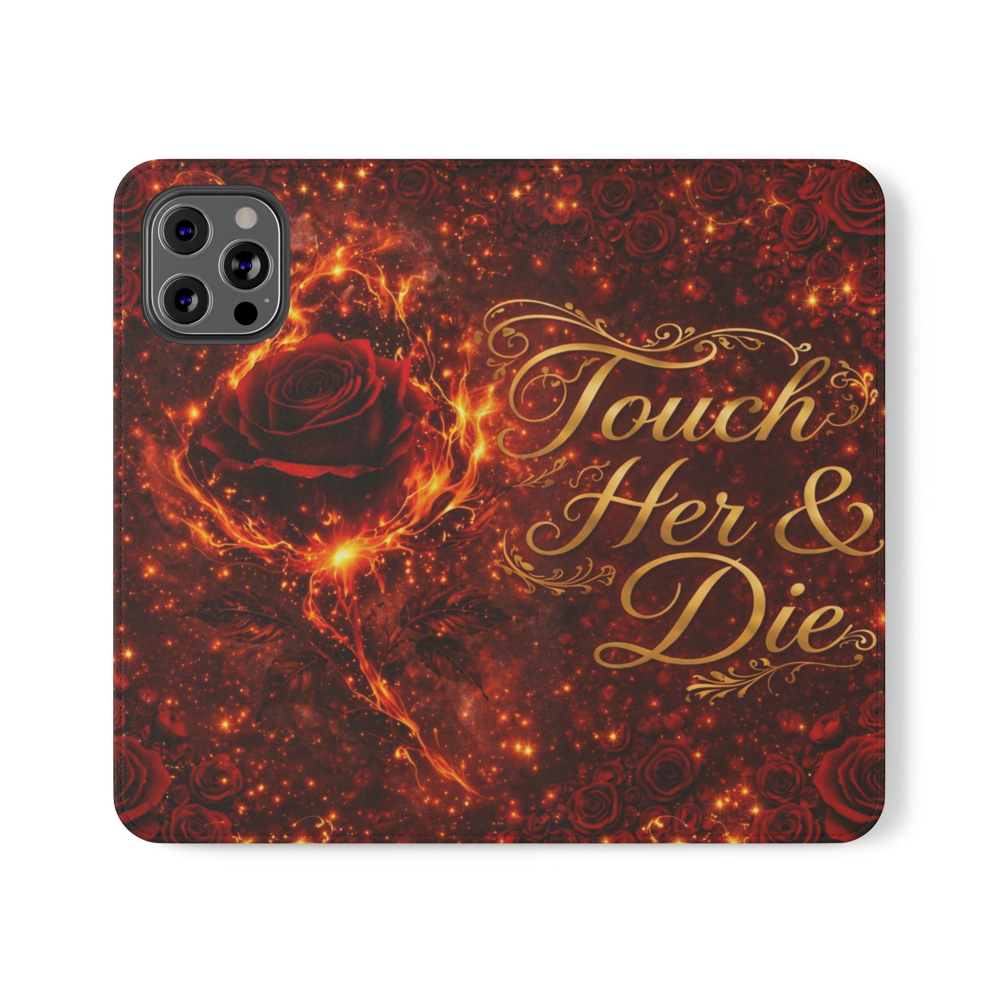 Flip Case – 'Touch Her & Die' Gothic Rose Wallet Phone Case
