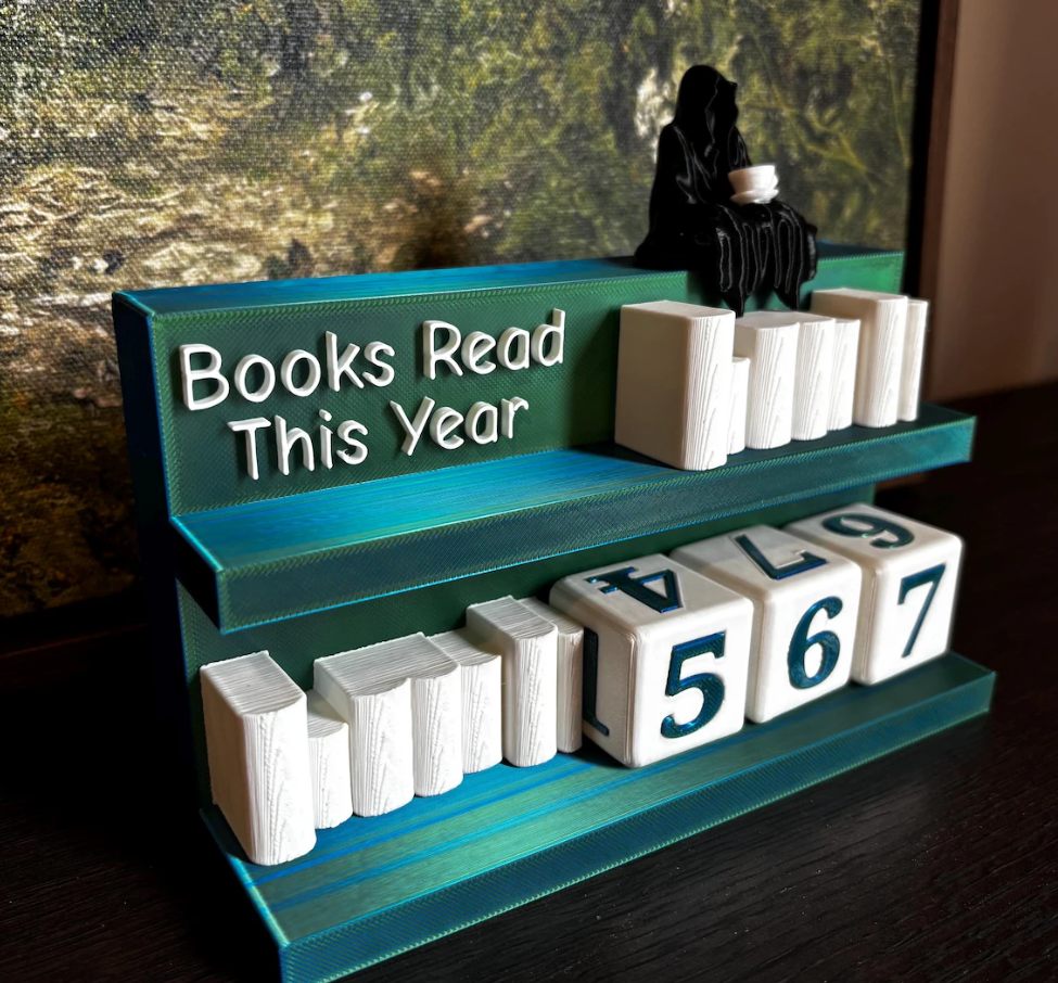 Books Read Counter: Bookworm Decor with Dice - Track Reading: Counter with White Books and Grim holding a Book