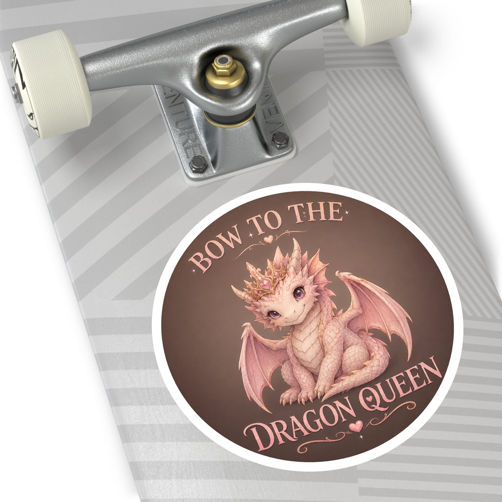 Bow to the Dragon Queen Round Sticker — Cute Pink Baby Dragon Crown Decal
