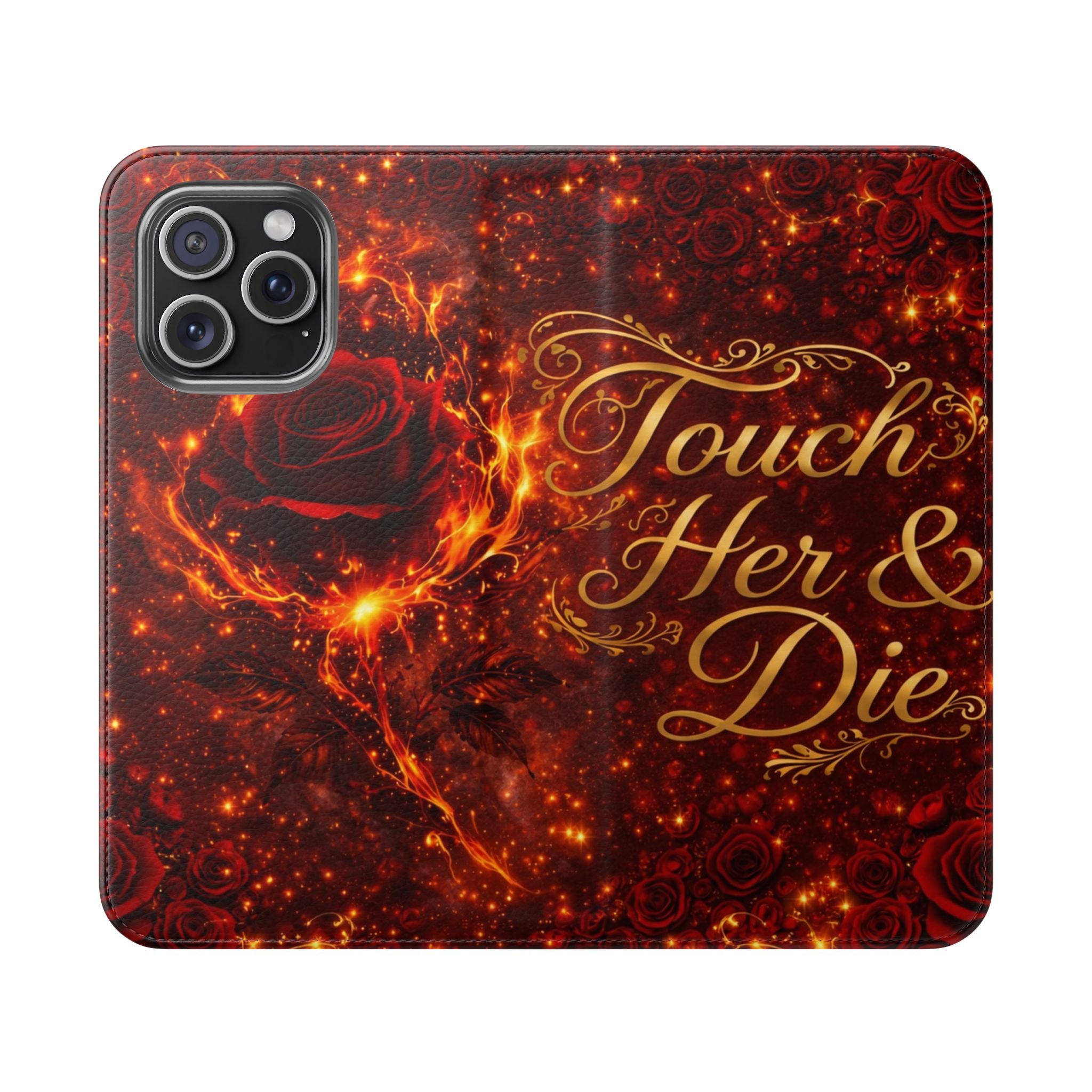 Flip Case – 'Touch Her & Die' Gothic Rose Wallet Phone Case