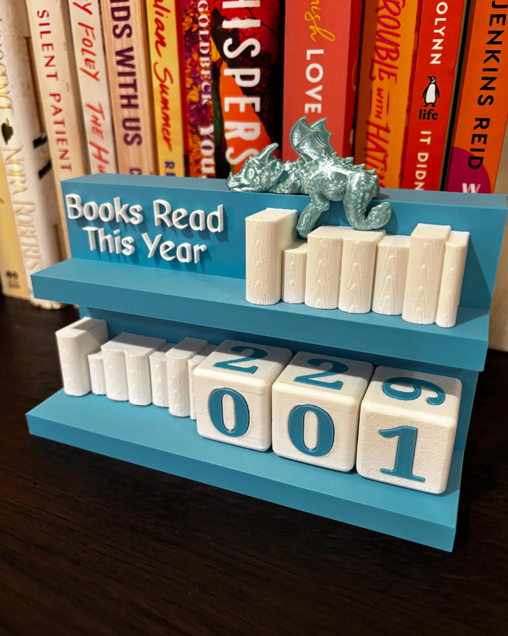 Books Read Counter: Bookworm Decor with Dice - Track Reading: Counter with White Books & Dragon