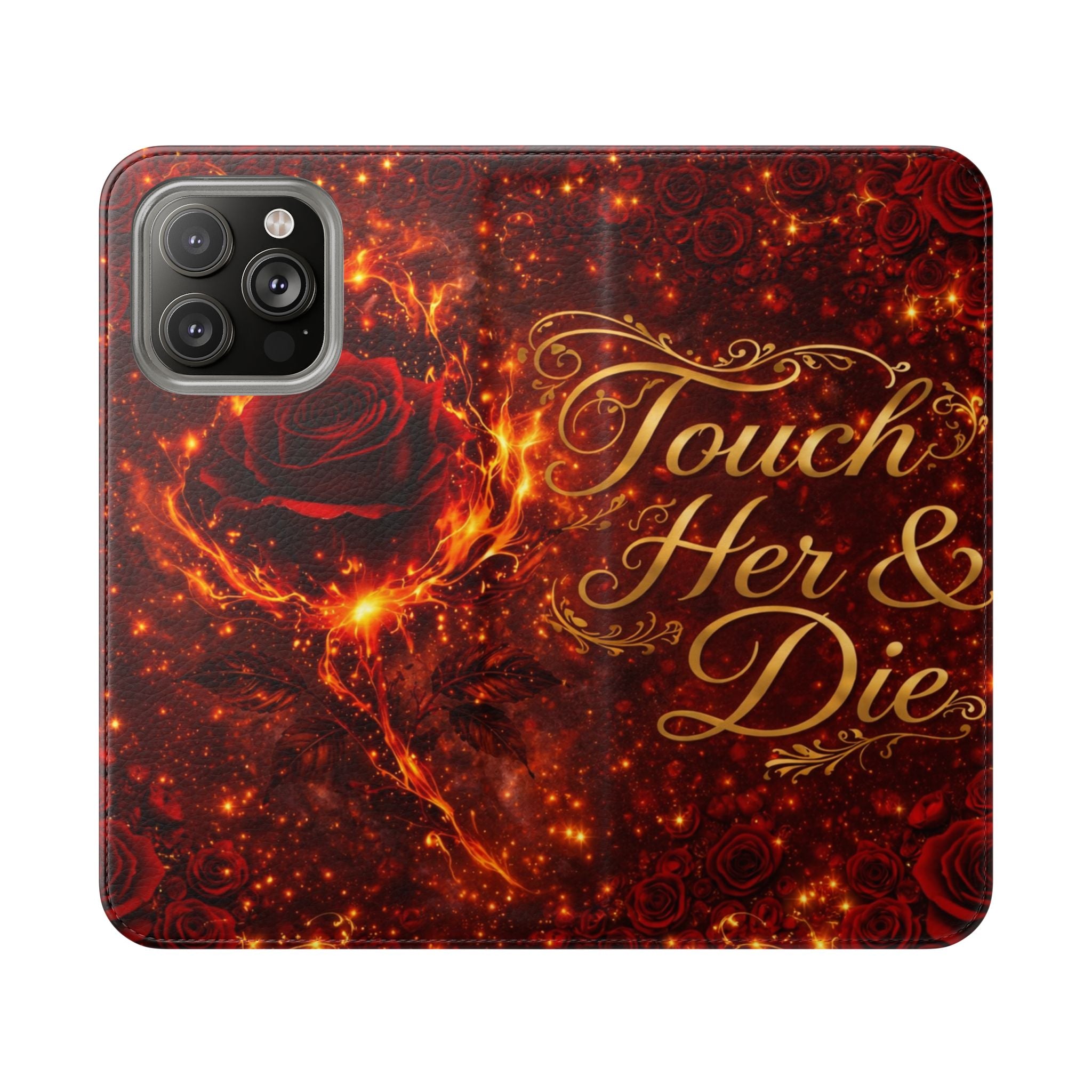 Flip Case – 'Touch Her & Die' Gothic Rose Wallet Phone Case