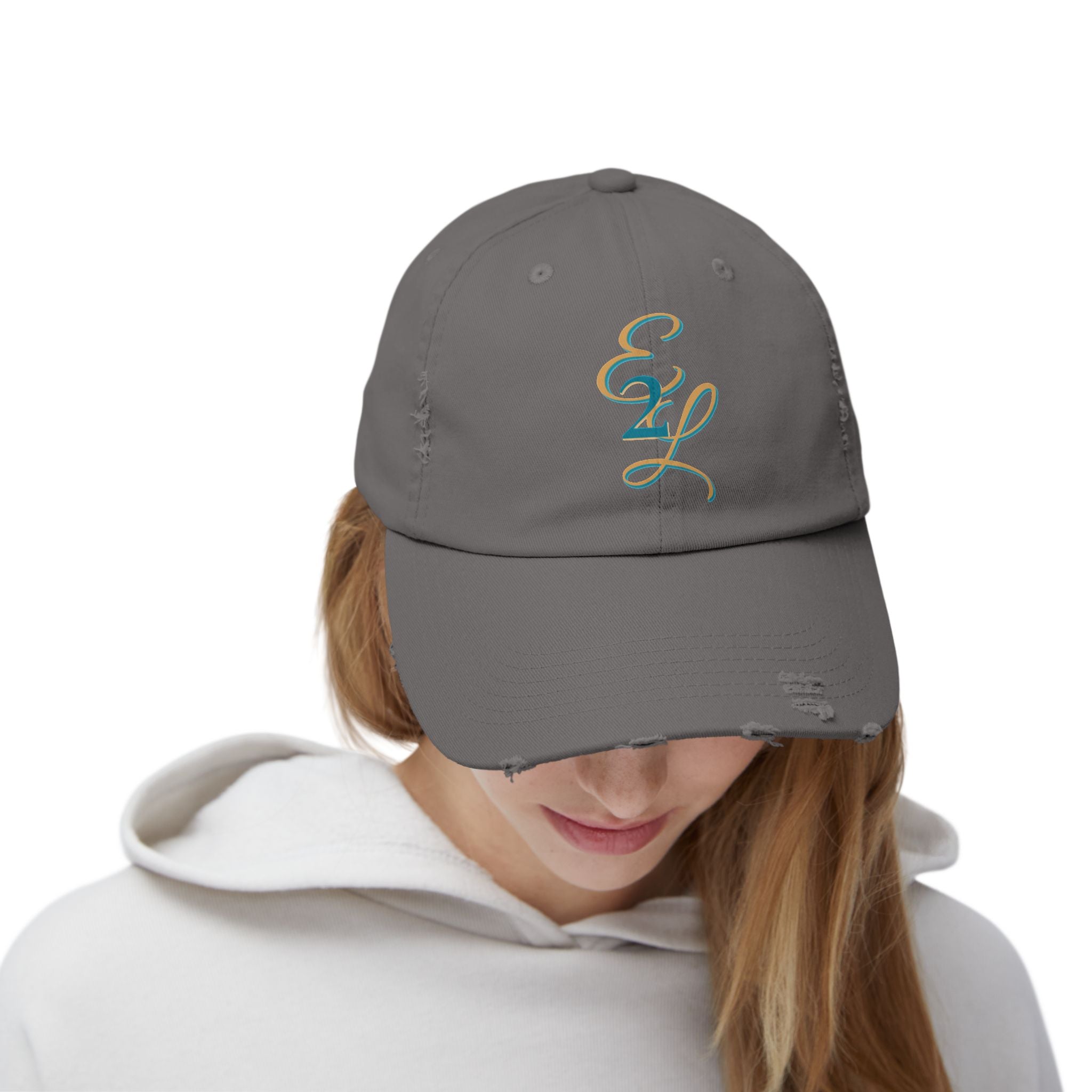 Distressed Black Cap with 'E2L' Enemies to Lovers
