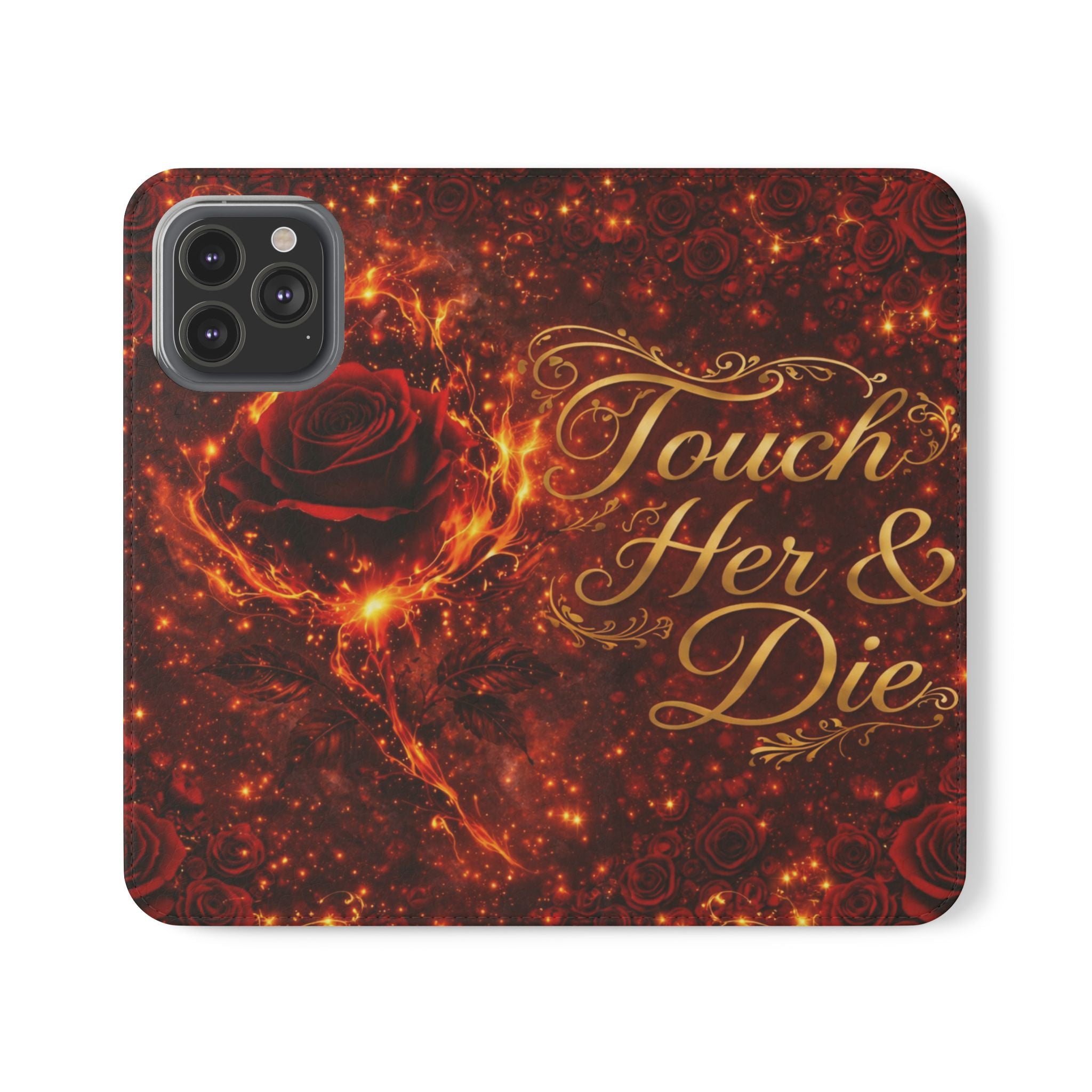 Flip Case – 'Touch Her & Die' Gothic Rose Wallet Phone Case