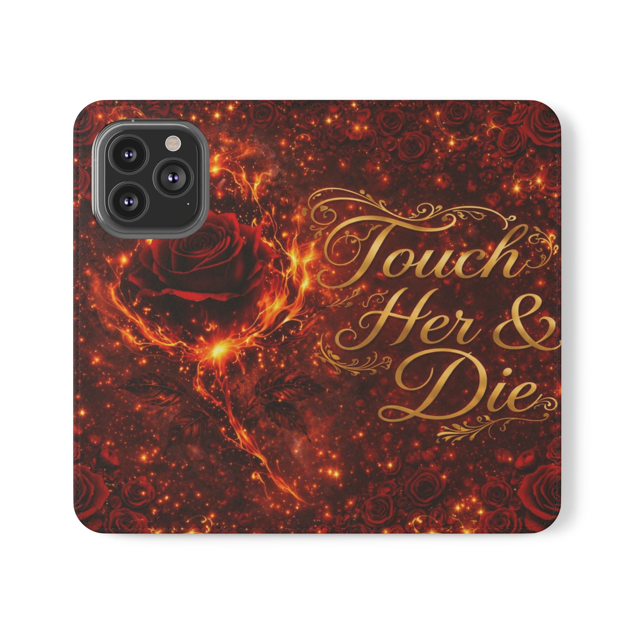 Flip Case – 'Touch Her & Die' Gothic Rose Wallet Phone Case