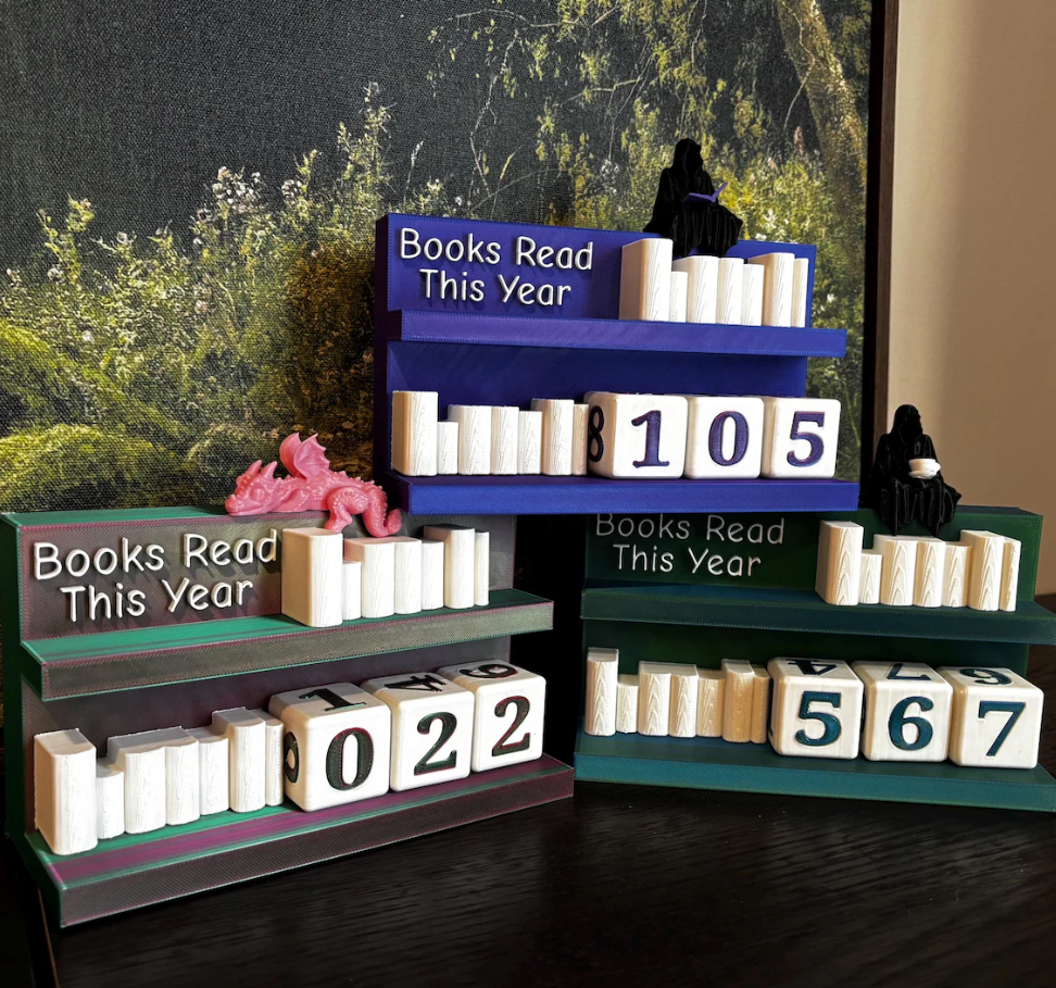 Books Read Counter: Bookworm Decor with Dice - Track Reading: Counter with White Books & Dragon