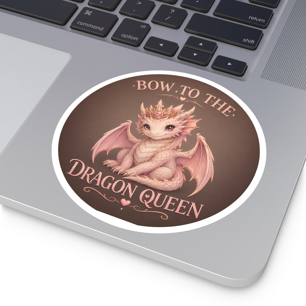 Bow to the Dragon Queen Round Sticker — Cute Pink Baby Dragon Crown Decal