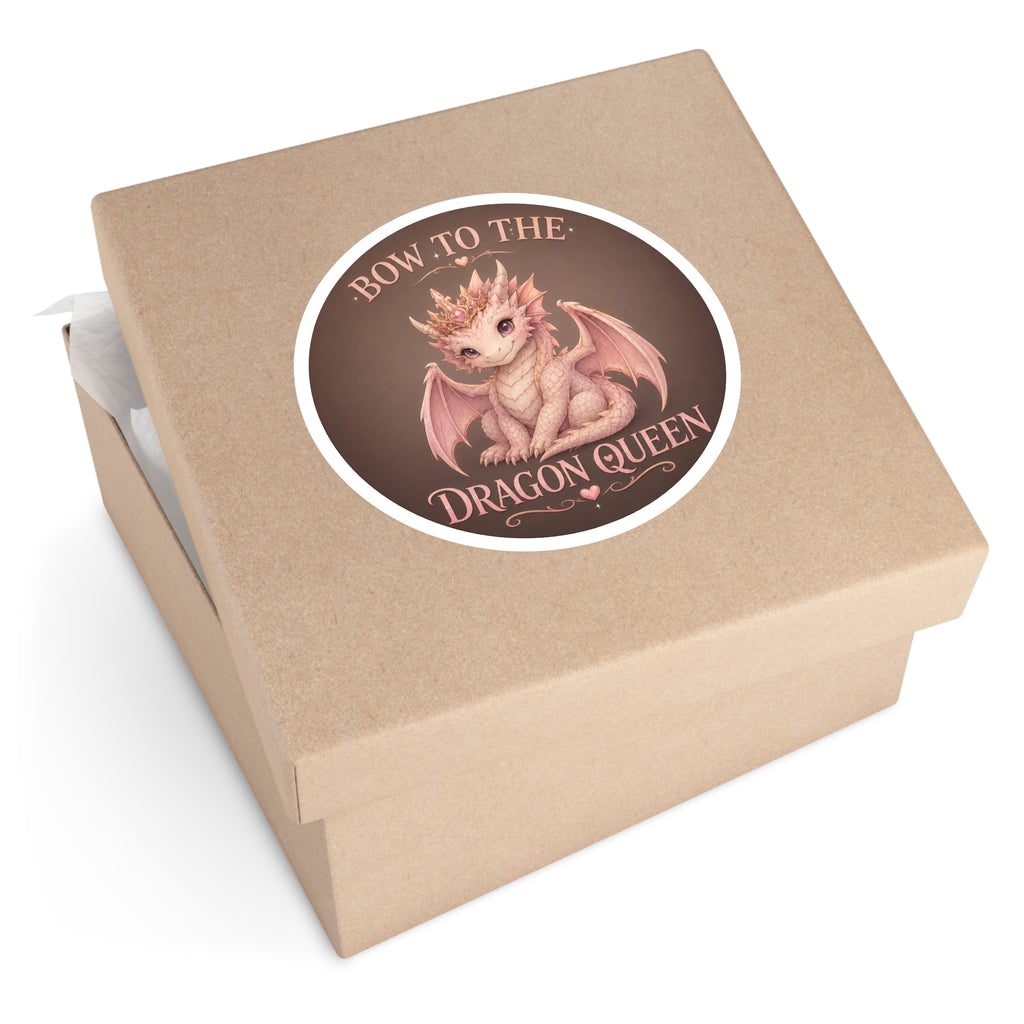 Bow to the Dragon Queen Round Sticker — Cute Pink Baby Dragon Crown Decal