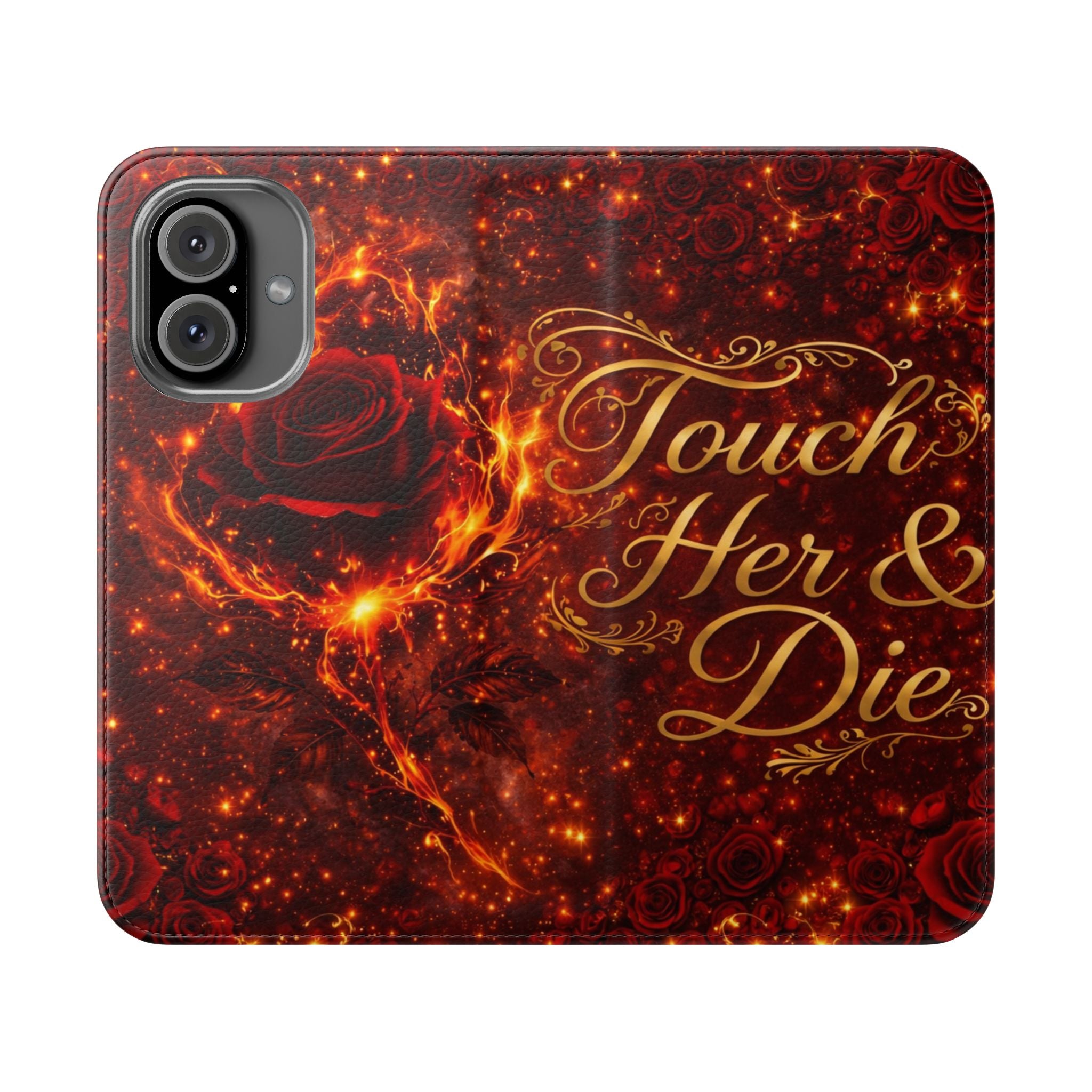 Flip Case – 'Touch Her & Die' Gothic Rose Wallet Phone Case