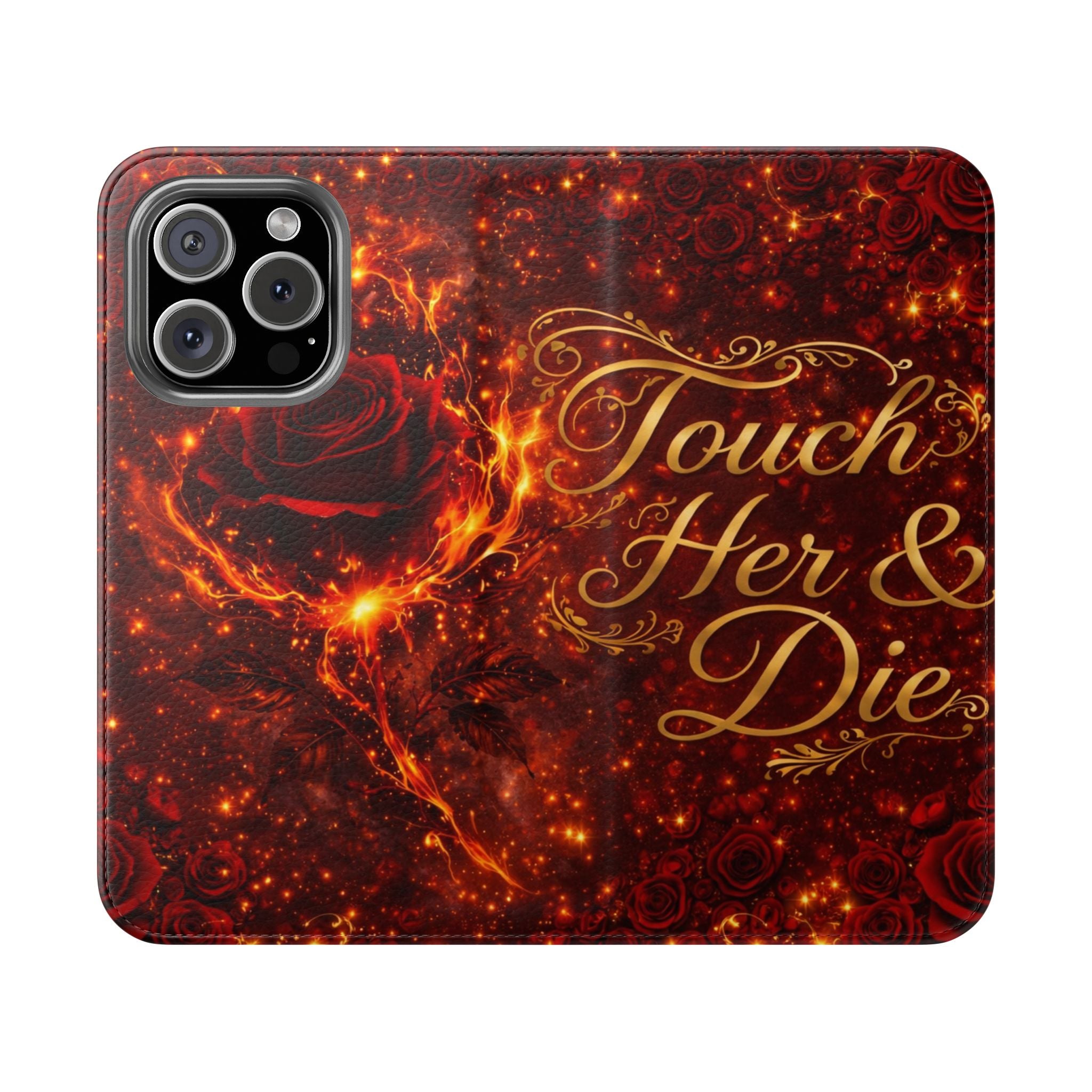 Flip Case – 'Touch Her & Die' Gothic Rose Wallet Phone Case