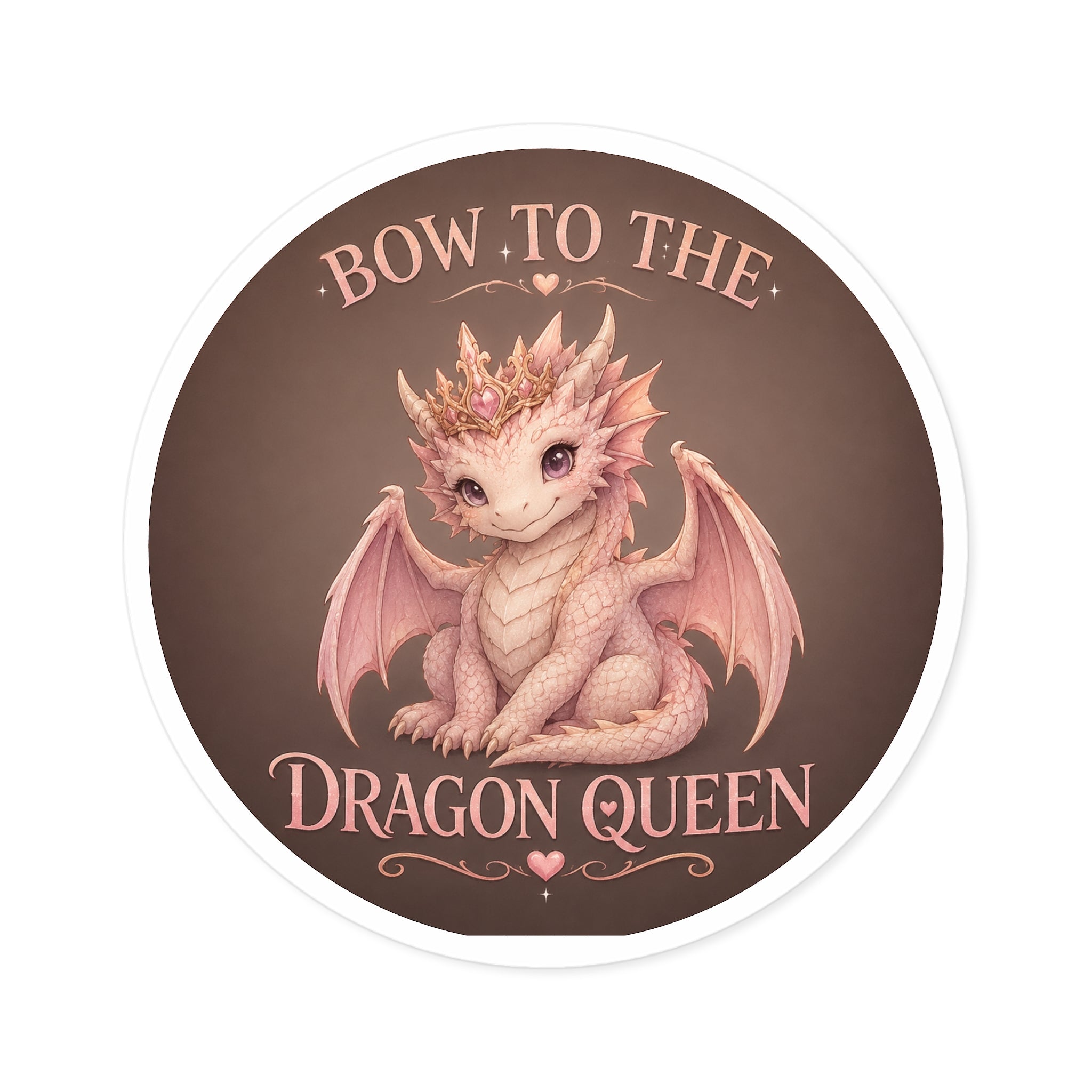 Bow to the Dragon Queen Round Sticker — Cute Pink Baby Dragon Crown Decal