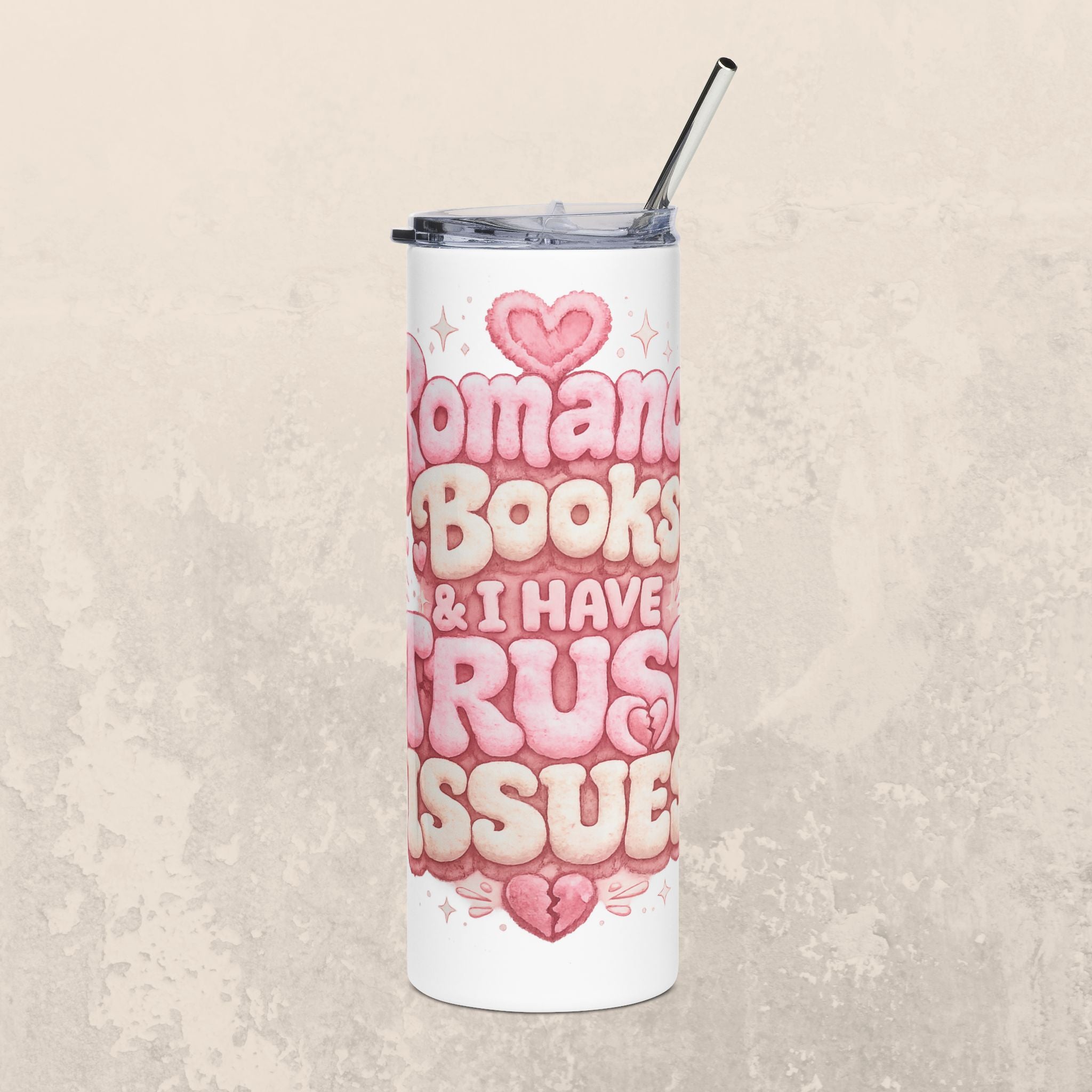 20oz Tumbler — “Romance Books & I Have Trust Issues” Pink Heart Travel Mug