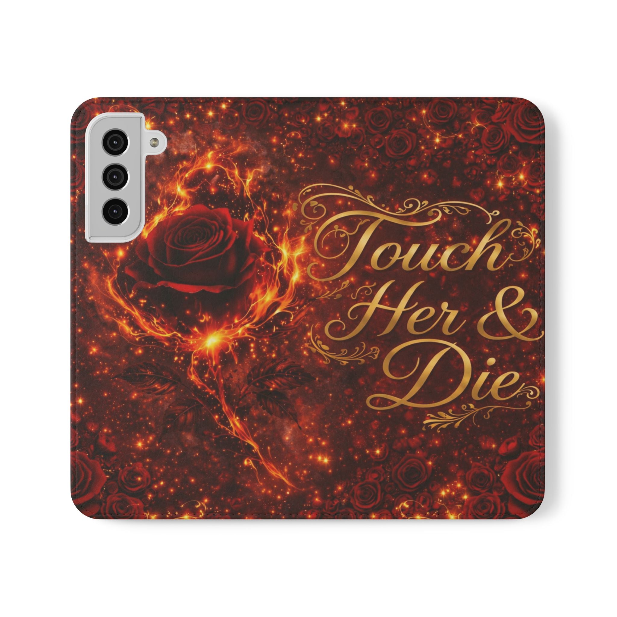 Flip Case – 'Touch Her & Die' Gothic Rose Wallet Phone Case