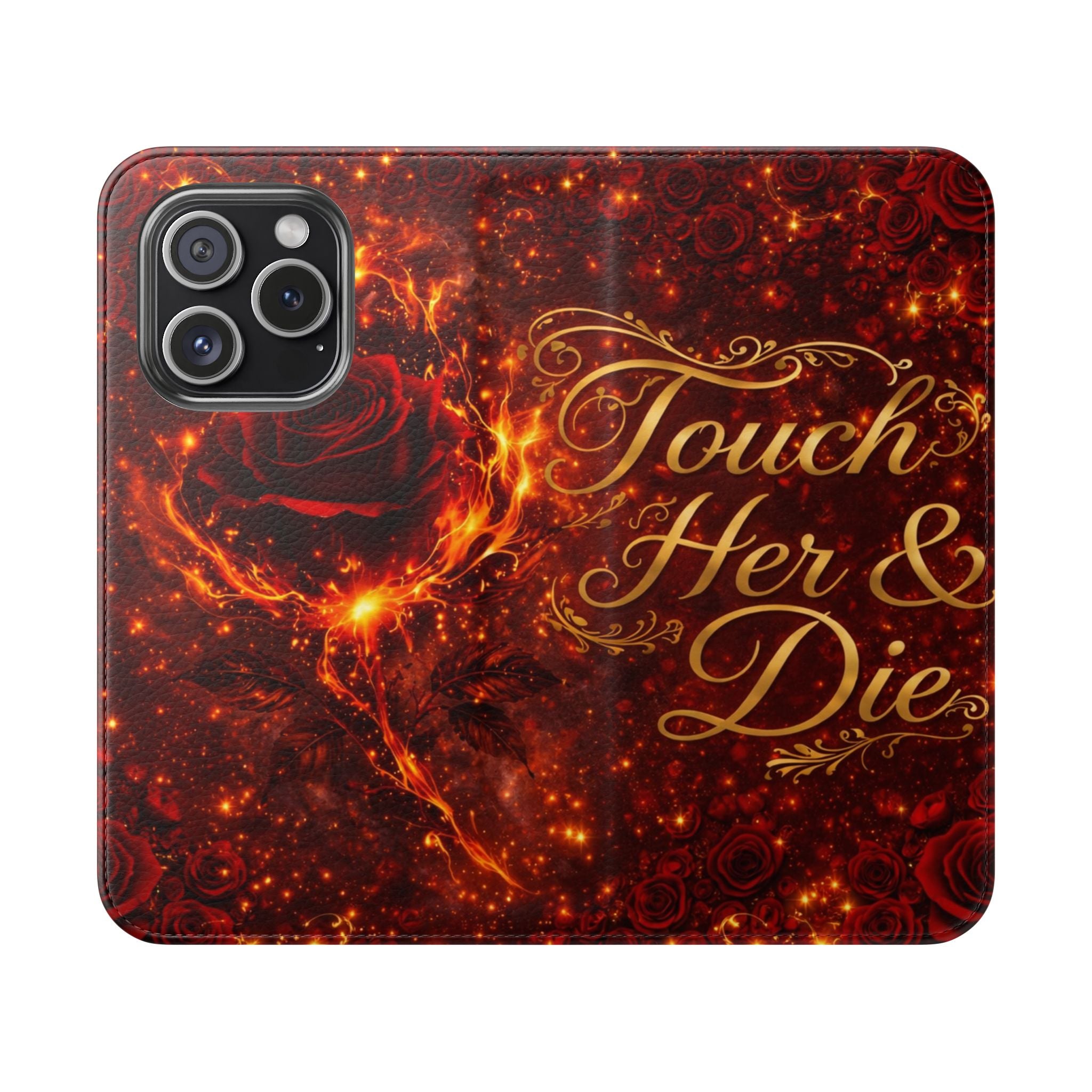Flip Case – 'Touch Her & Die' Gothic Rose Wallet Phone Case