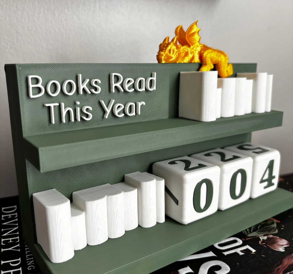 Books Read Counter: Bookworm Decor with Dice - Track Reading: Counter with White Books & Dragon