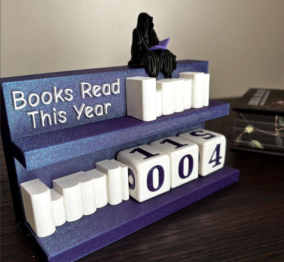 Books Read Counter: Bookworm Decor with Dice - Track Reading: Counter with White Books & Dragon