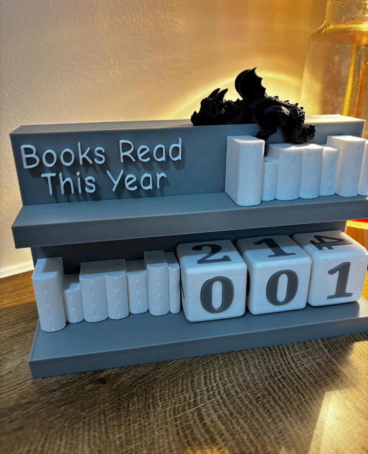 Books Read Counter: Bookworm Decor with Dice - Track Reading: Counter with White Books & Dragon