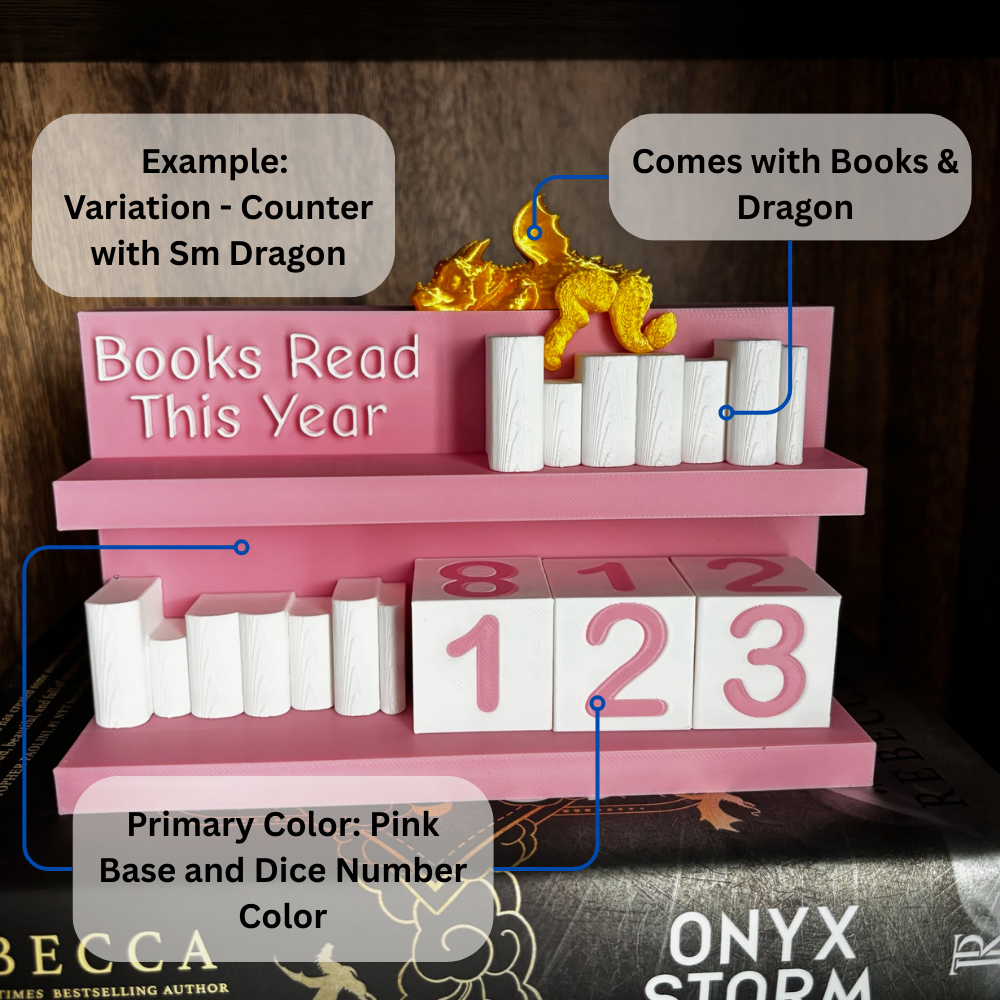 Books Read Counter: Bookworm Decor with Dice - Track Reading: Counter with White Books & Dragon