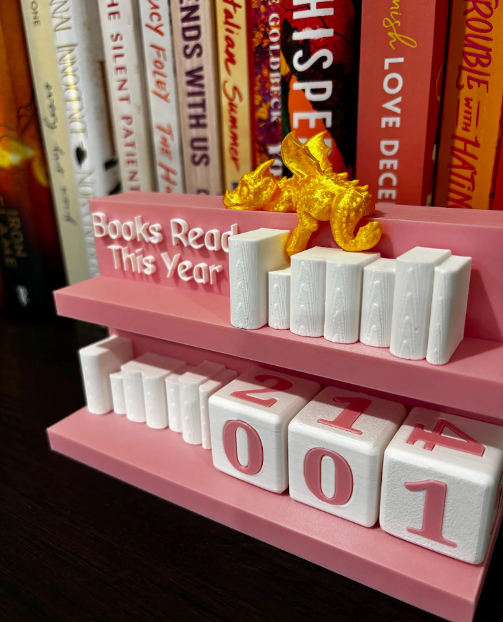 Books Read Counter: Bookworm Decor with Dice - Track Reading: Counter with White Books & Dragon