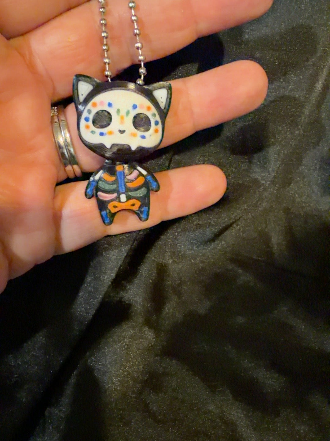 Skelly Cat keychain sugar skull kitty closeup